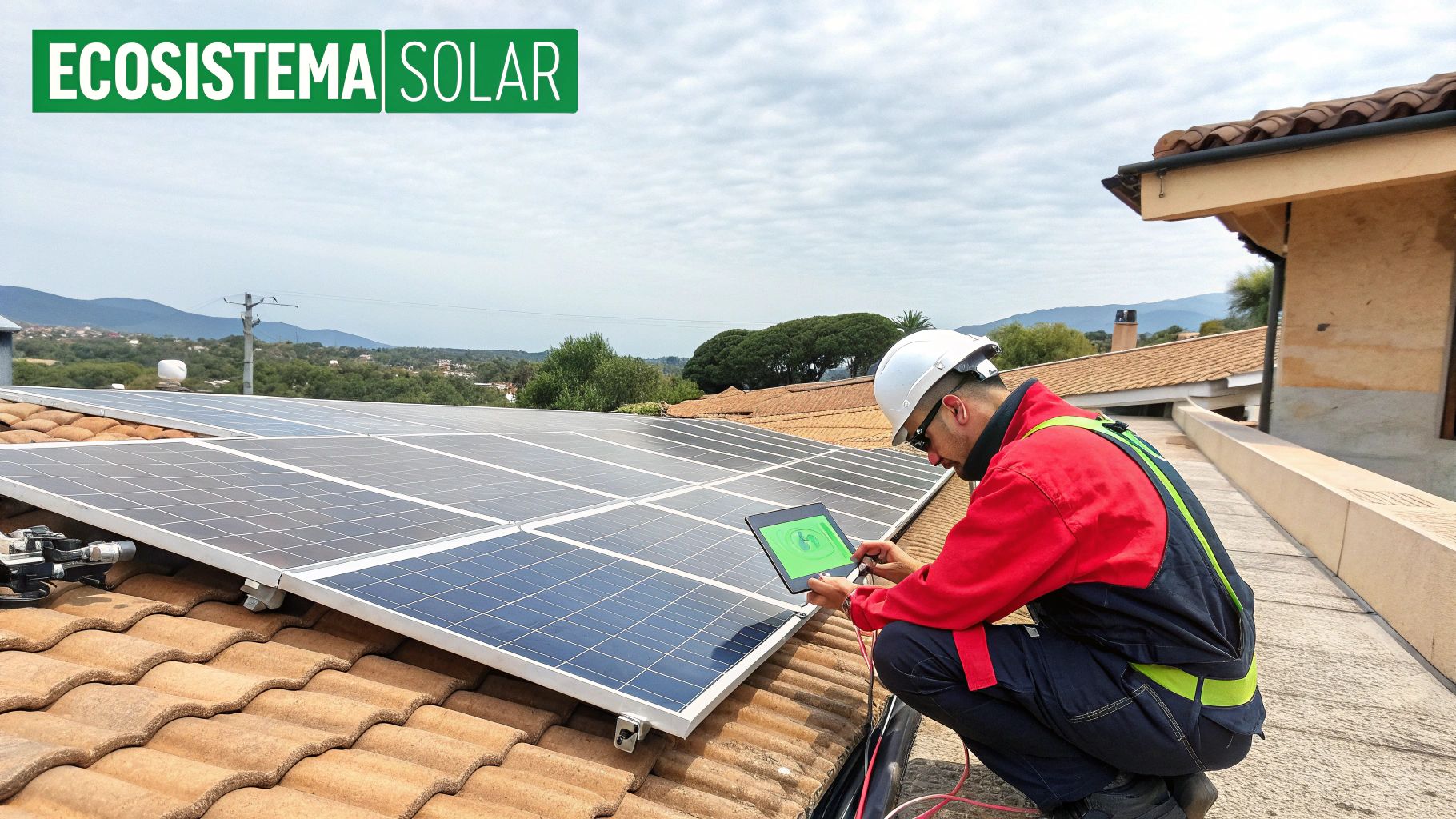 Un técnico con casco y tablet revisa paneles solares en el techo de una casa.