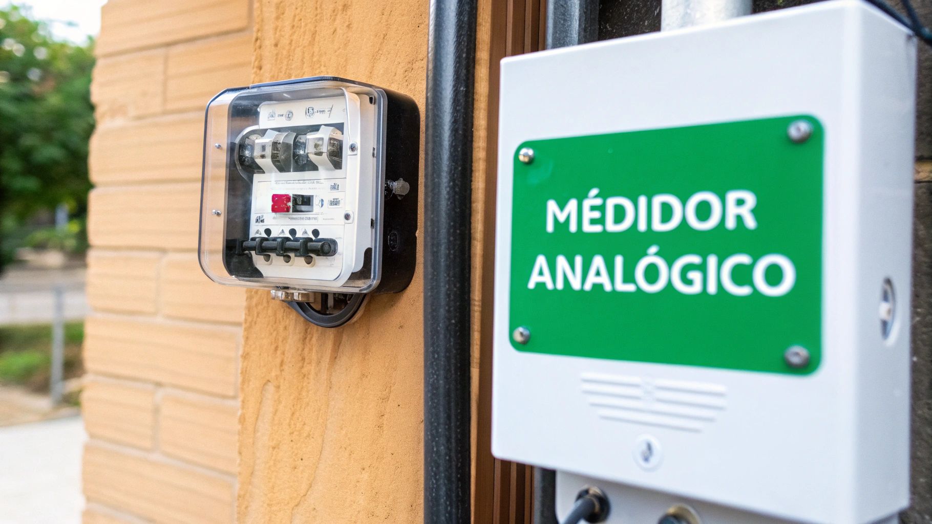 Instalación eléctrica exterior con un cuadro de fusibles transparente y un medidor analógico con etiqueta verde.