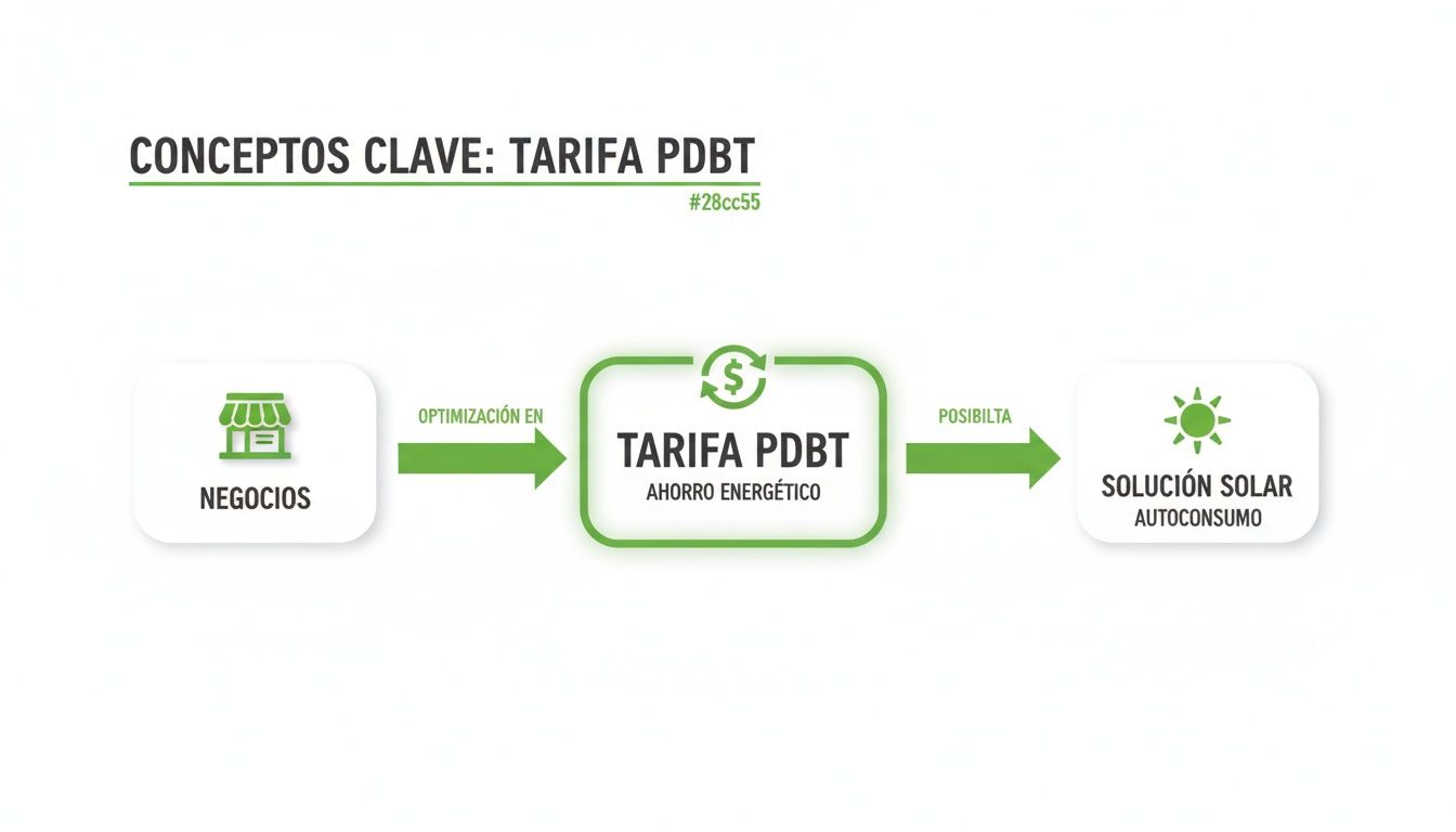 Diagrama de flujo que ilustra la optimización de negocios a través de la Tarifa PDBT y la solución solar.