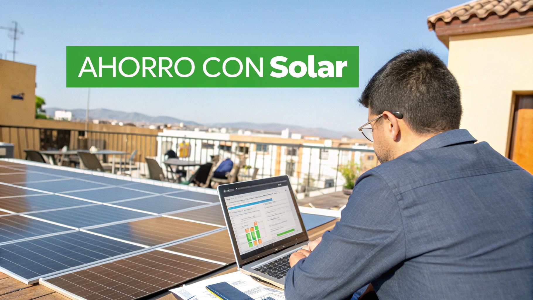 Un hombre en una azotea con paneles solares, trabajando en su laptop sobre el ahorro de energía.