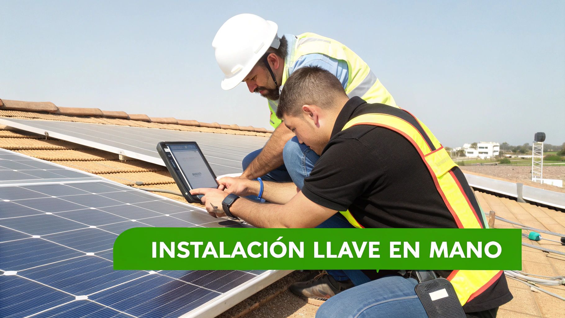 Dos técnicos instalan paneles solares en un tejado, uno revisa una tablet. "INSTALACIÓN LLAVE EN MANO" destaca el servicio.