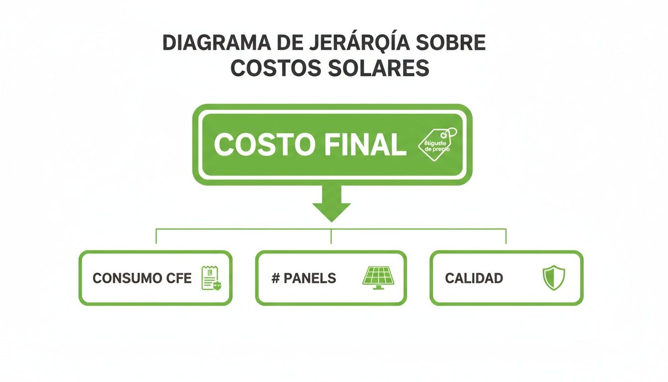 Diagrama de jerarquía explicando los factores que determinan el costo final de los paneles solares.