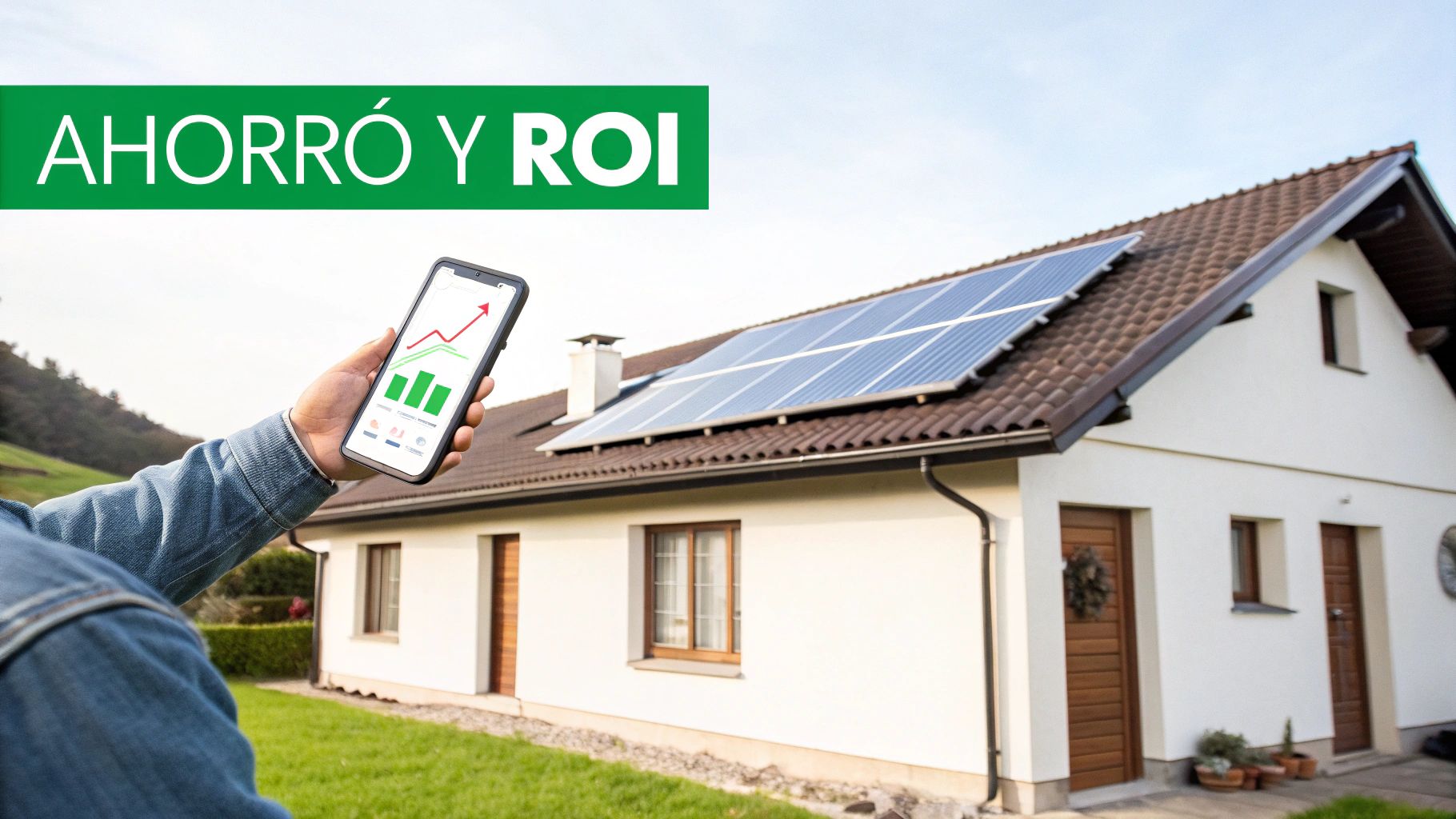 Persona viendo en su móvil gráficos de ahorro y ROI de paneles solares en su casa.