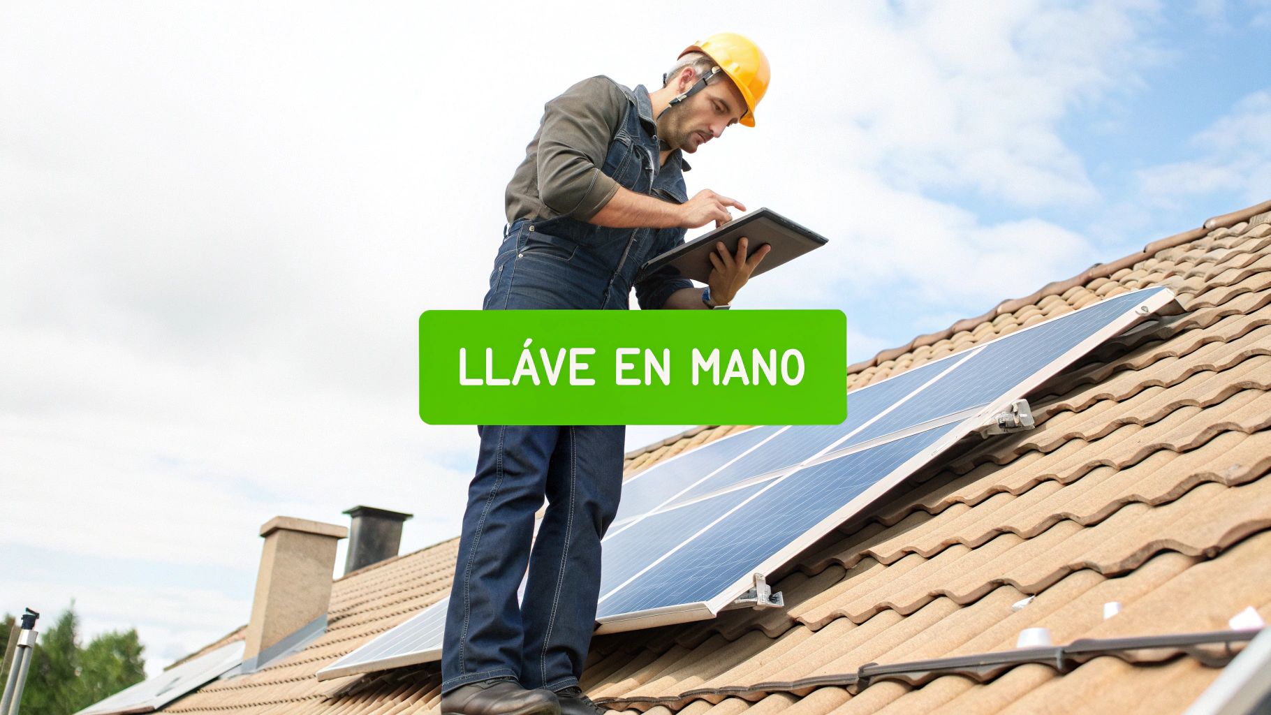 Un técnico instala paneles solares en un tejado, consultando una tablet, con el texto "LLAVE EN MANO" superpuesto.