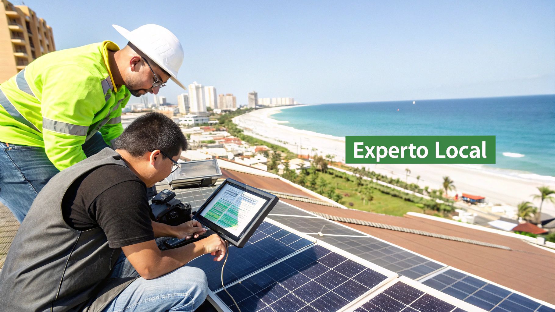 Dos técnicos inspeccionan paneles solares en un tejado con vistas a una ciudad costera y playa, con un banner 'Experto Local'.