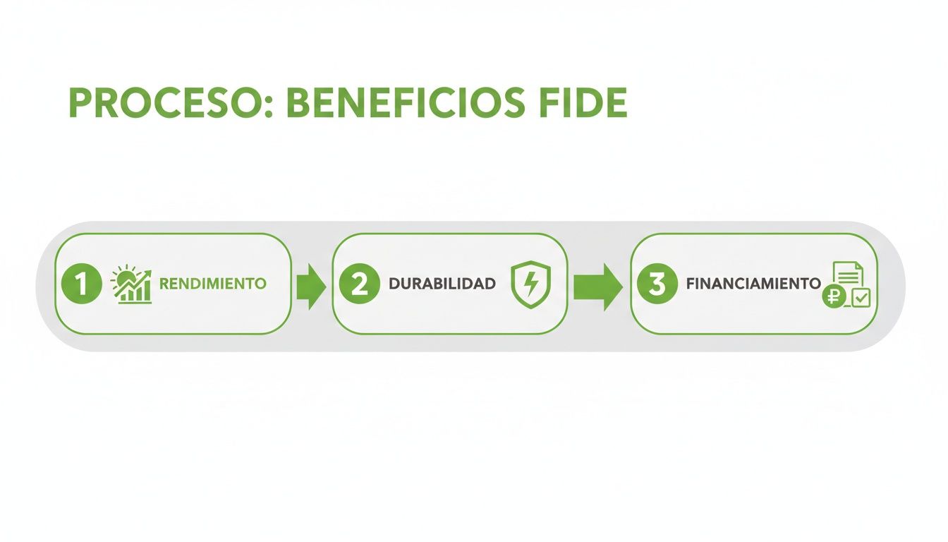 Proceso visual de los beneficios FIDE: Rendimiento con gráfico, Durabilidad con escudo, Financiamiento con documentos.