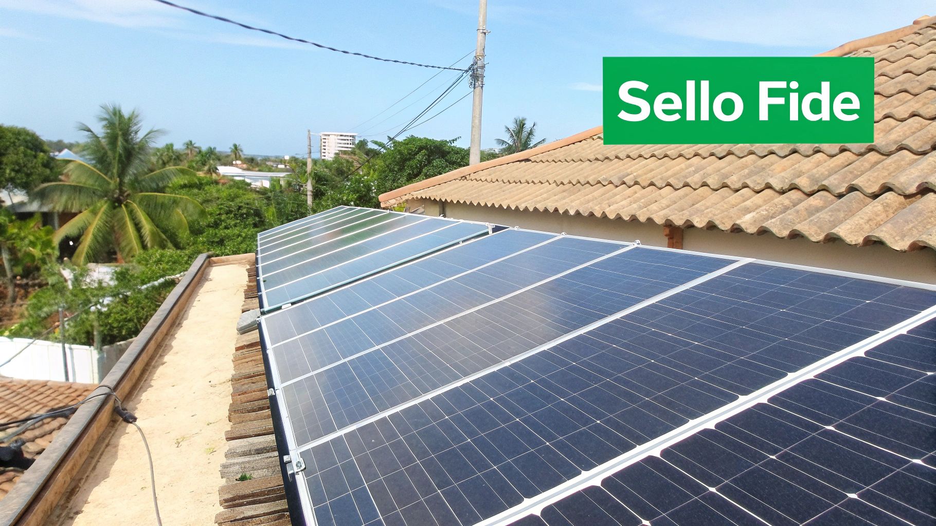 Paneles solares instalados en un tejado de tejas, con palmeras, edificios y el logo "Sello Fide" al fondo.