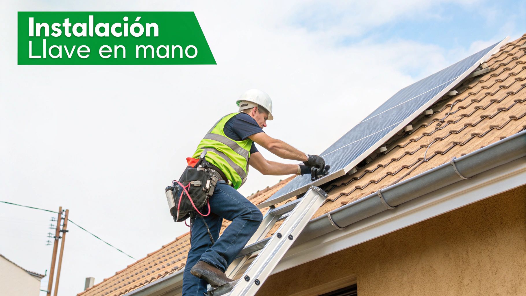 Hombre instalando paneles solares en el tejado de una casa con el texto "Instalación Llave en mano".