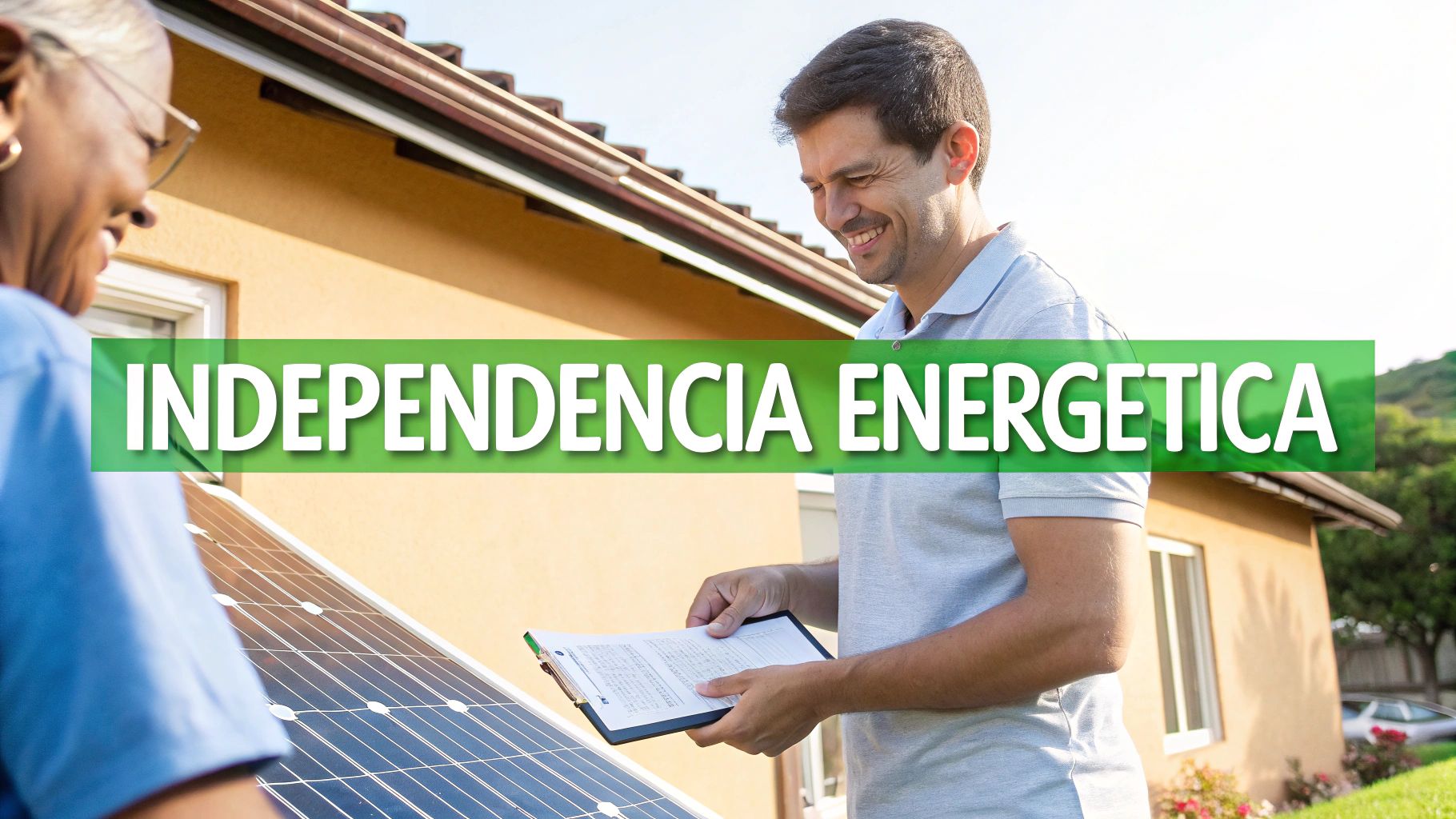 Hombre y mujer inspeccionando un panel solar, celebrando la independencia energética en un día soleado.