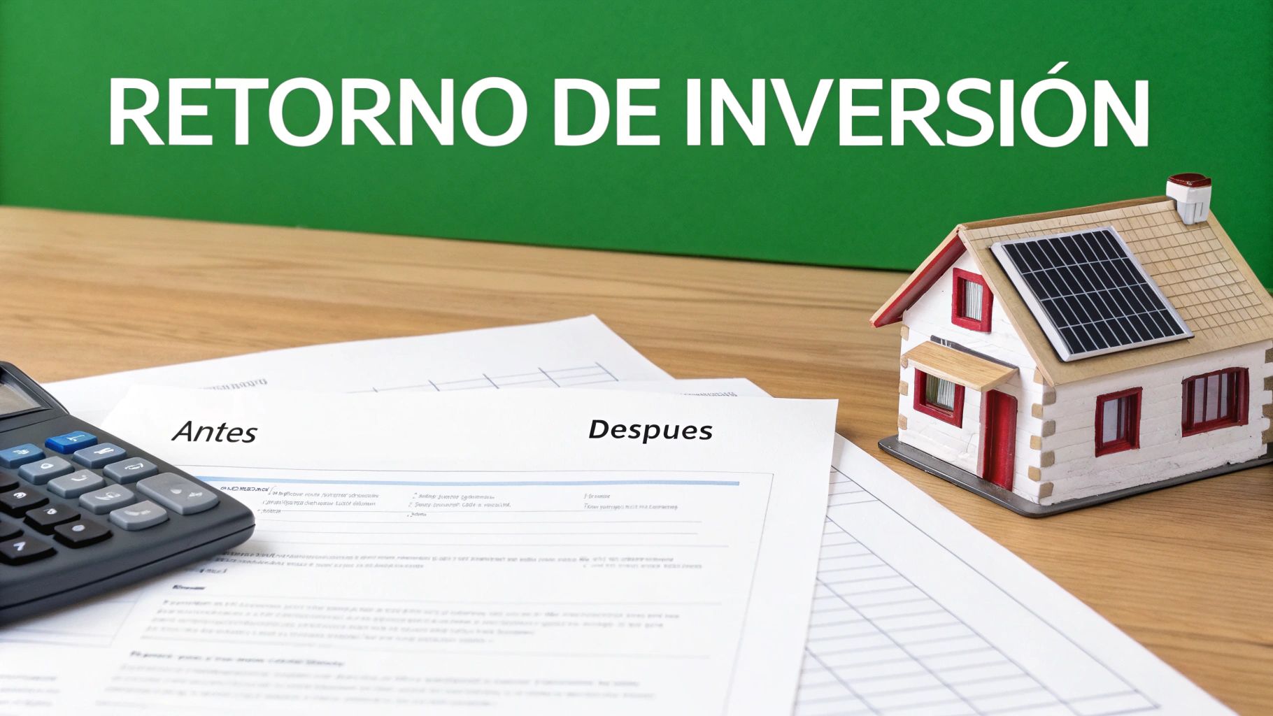 Calculadora, papeles con 'Antes' y 'Después', y una casa con paneles solares, ilustrando el retorno de inversión.