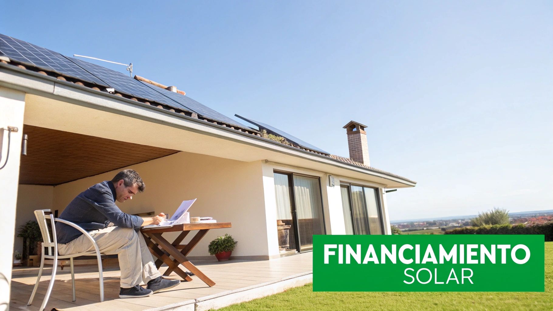 Hombre trabajando en el patio de una casa con paneles solares en el techo y texto 'Financiamiento Solar'.