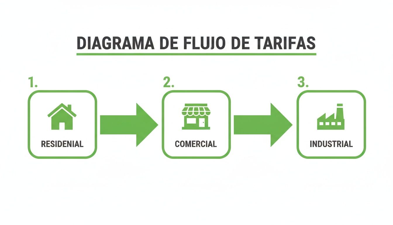 Diagrama de flujo de tarifas que ilustra la progresión de residencial a comercial e industrial, con iconos representativos.
