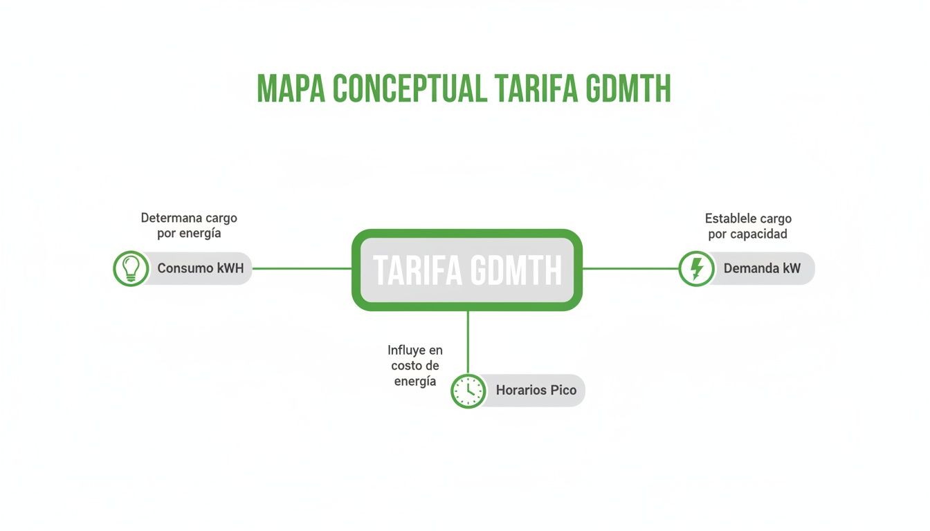 Mapa conceptual de la Tarifa GDMTH, mostrando factores como consumo KWH, demanda KW y la influencia de horarios pico.