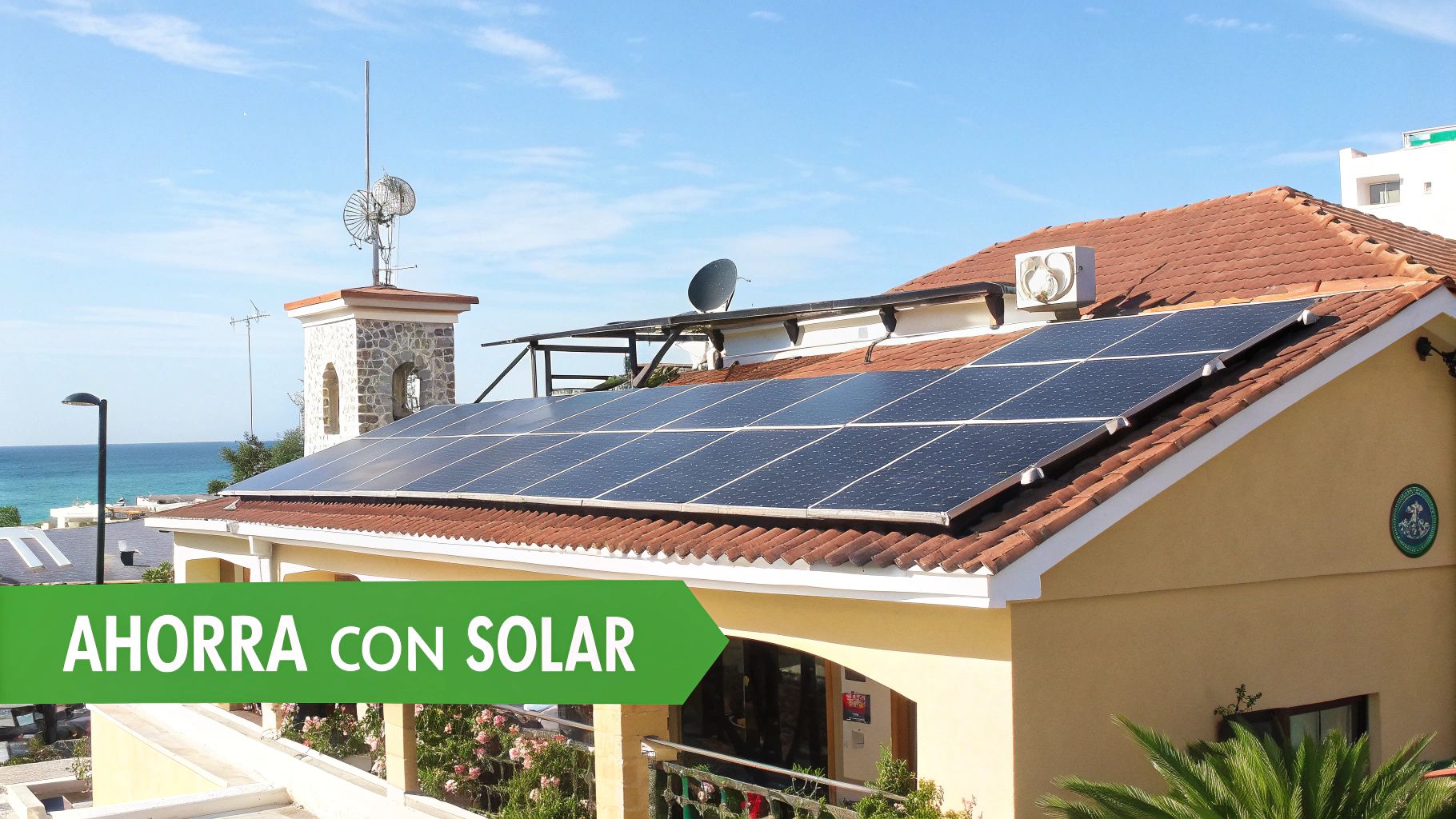 Casa con tejado de tejas y paneles solares instalados, junto al mar. Un cartel verde indica 'Ahorra con Solar'.