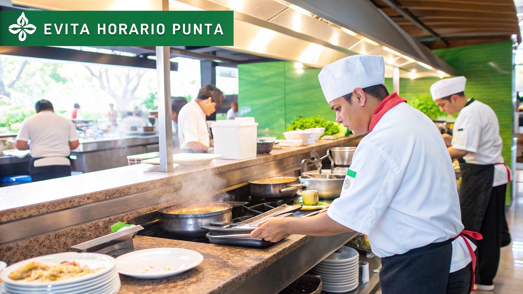Chefs profesionales cocinando en una cocina activa, preparando comidas con vapor. Un mensaje sobre evitar horarios pico.