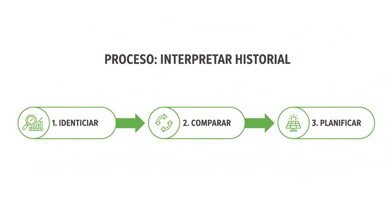 Diagrama de flujo que ilustra el proceso de interpretar historial: Identificar, Comparar y Planificar con iconos descriptivos.