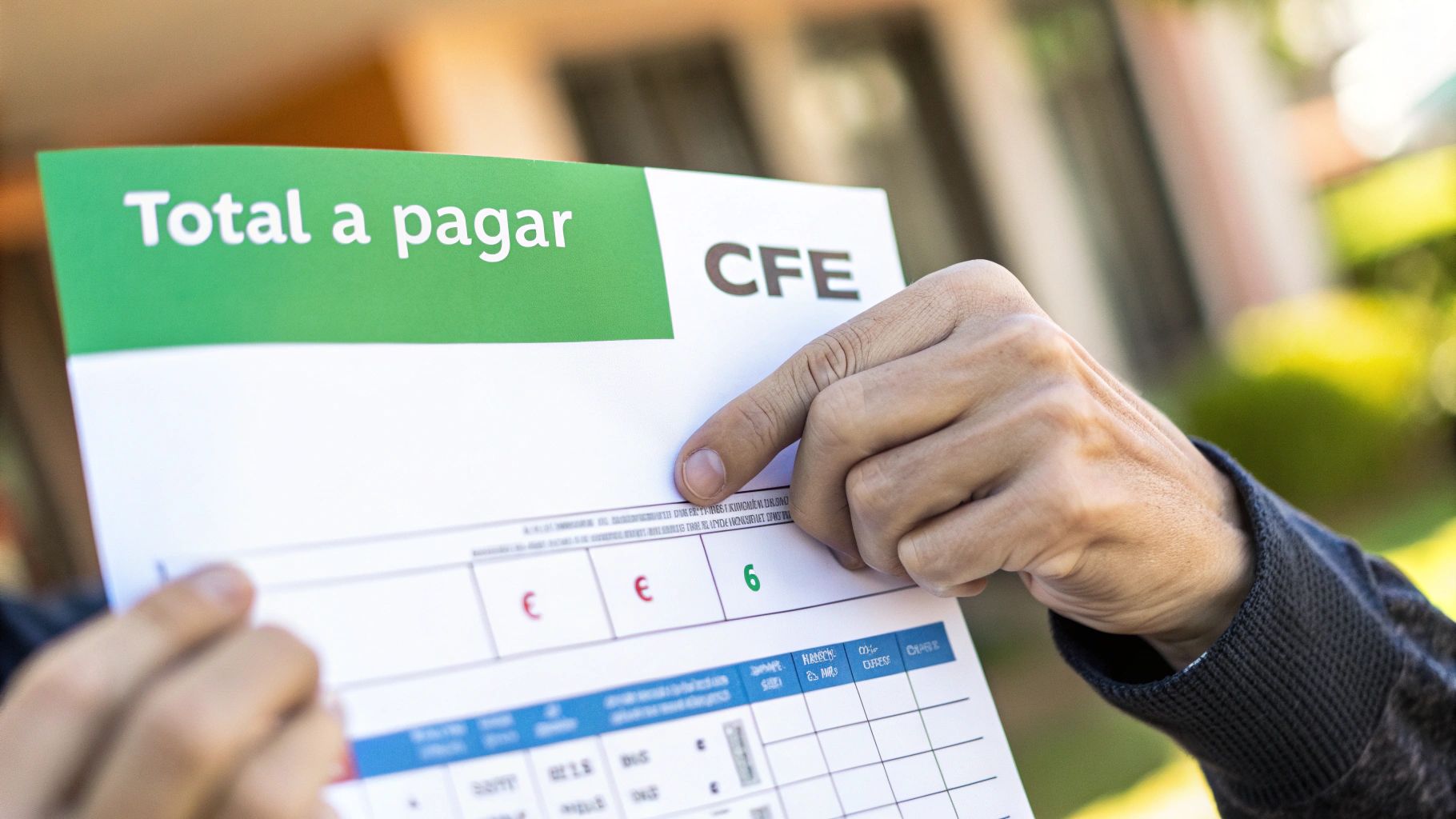 Una persona sostiene un recibo de luz de CFE, con el texto "Total a pagar" en verde.