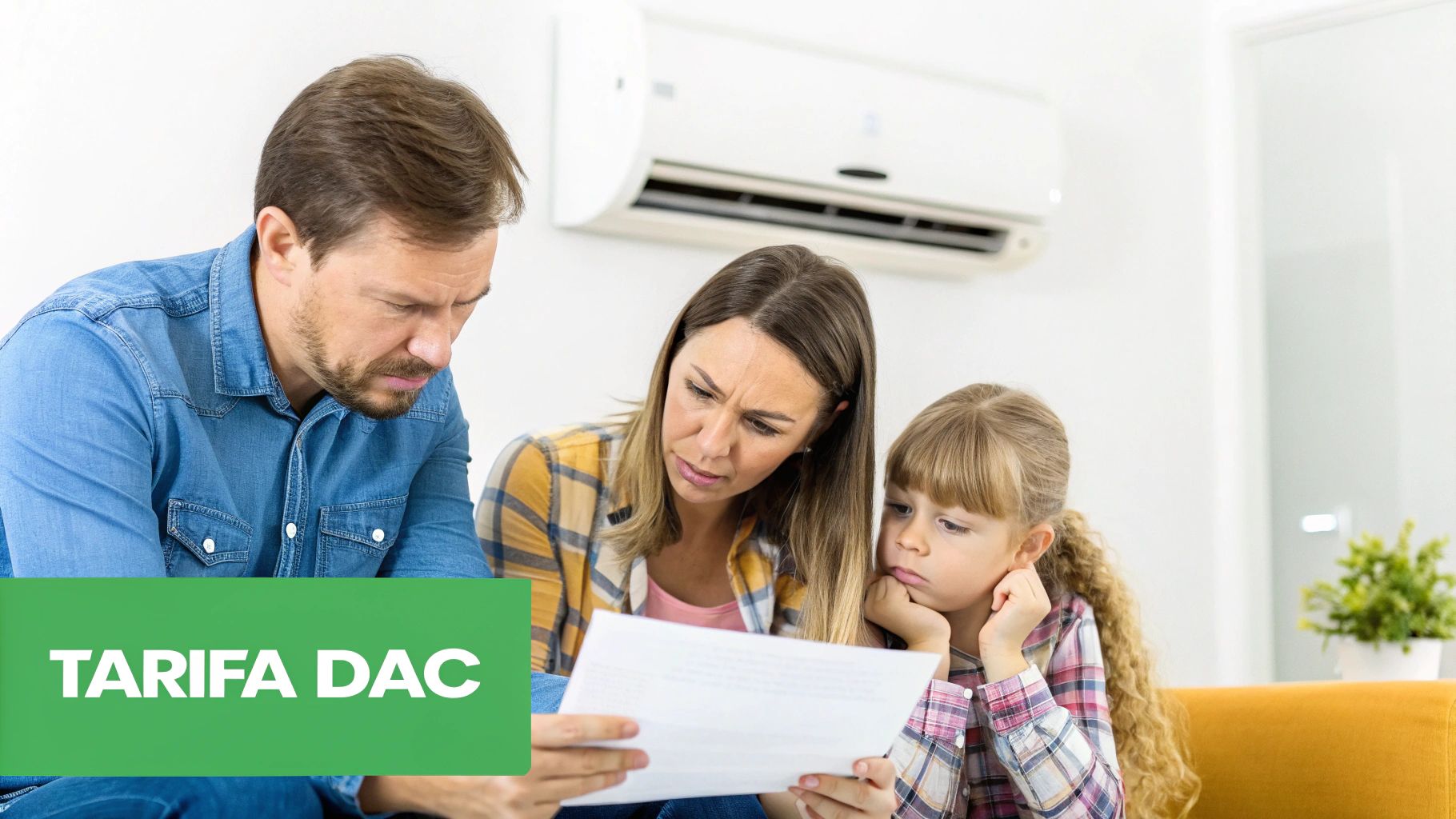 Padres e hija preocupados revisando un recibo de electricidad en casa con aire acondicionado y tarifa DAC.