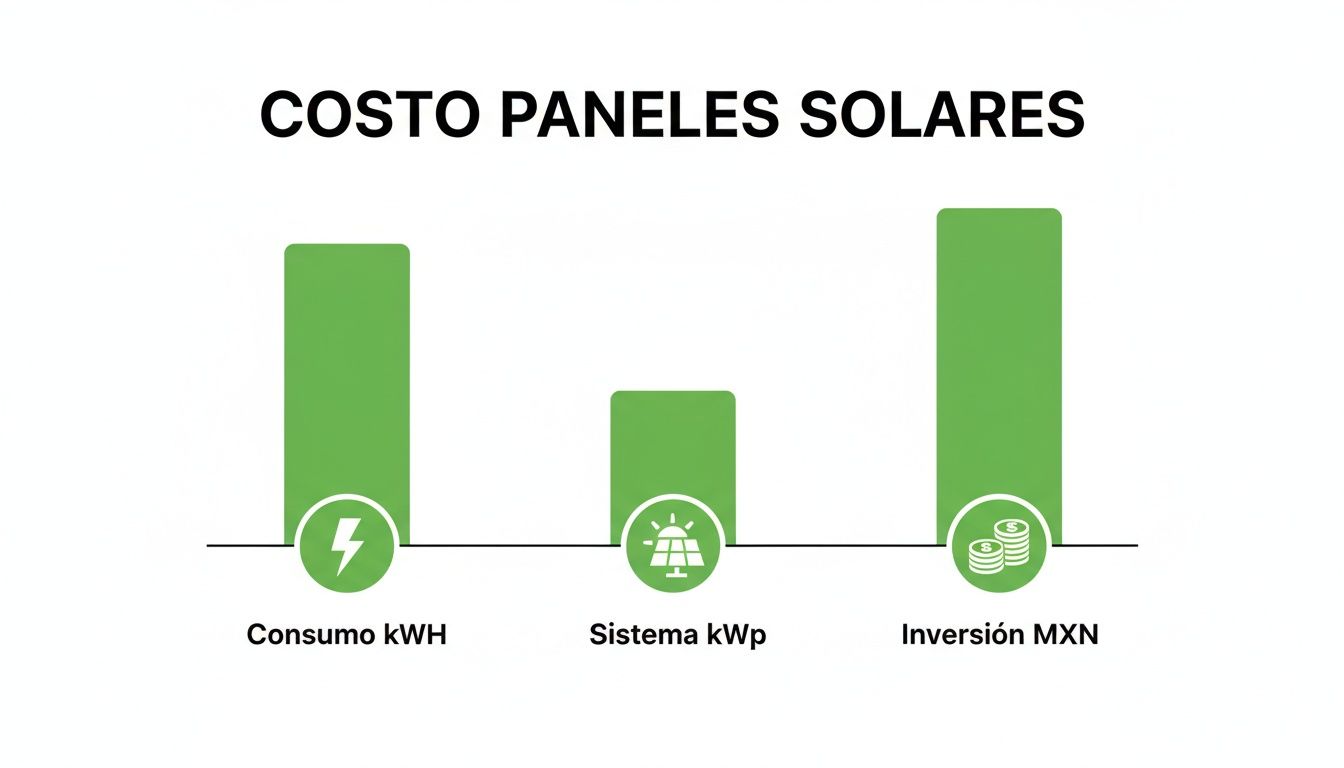 Gráfico de barras comparando el consumo de kWh, la capacidad del sistema kWp y la inversión en MXN para paneles solares.