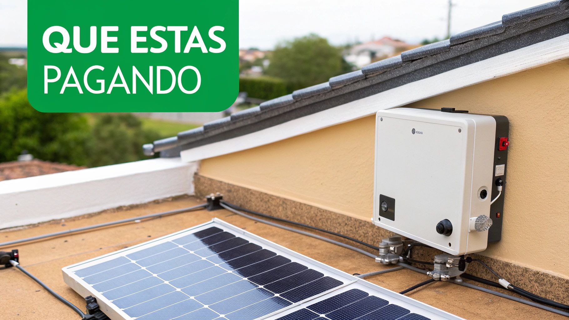 Instalación solar con paneles fotovoltaicos y un inversor en una azotea, con el texto 'QUE ESTAS PAGANDO'.