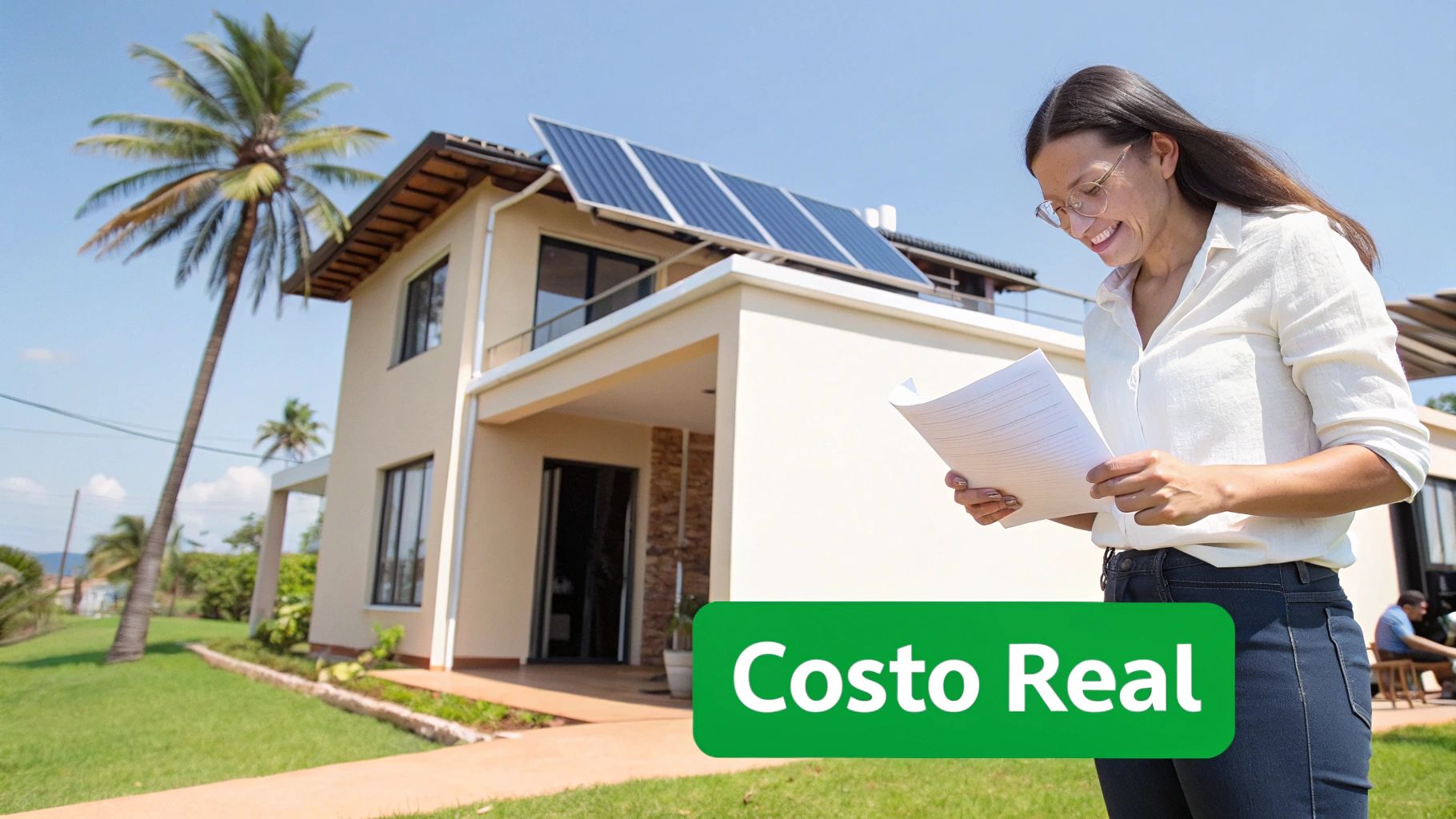 Mujer sonriente con gafas revisando documentos frente a una casa moderna con paneles solares y el texto "Costo Real".