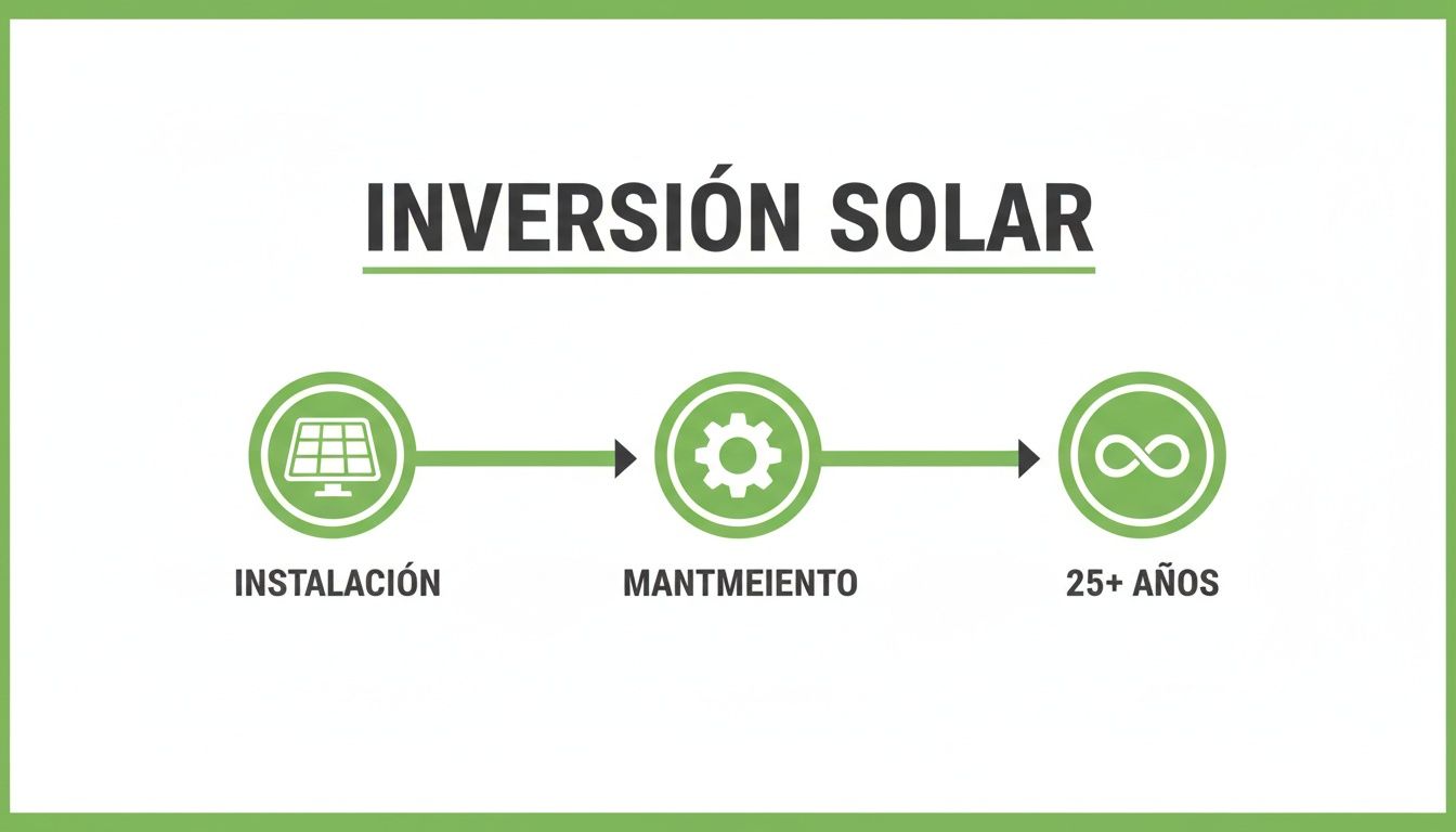 Proceso de inversión solar mostrando instalación, mantenimiento de paneles y duración de más de 25 años.