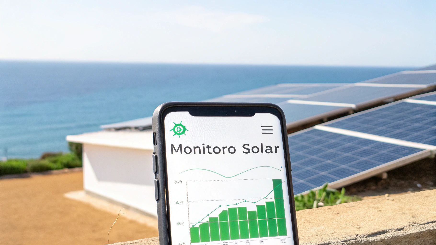 Smartphone mostrando una aplicación de monitoreo solar con gráficos, frente a paneles solares y el mar.