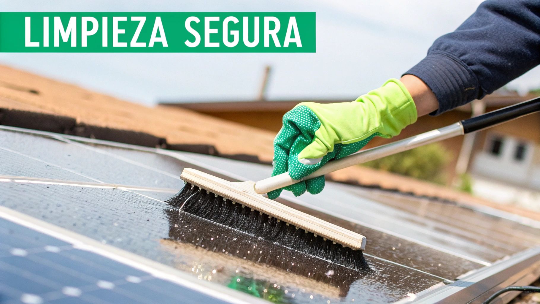 Mano enguantada limpiando paneles solares con un cepillo y agua, garantizando una limpieza segura.