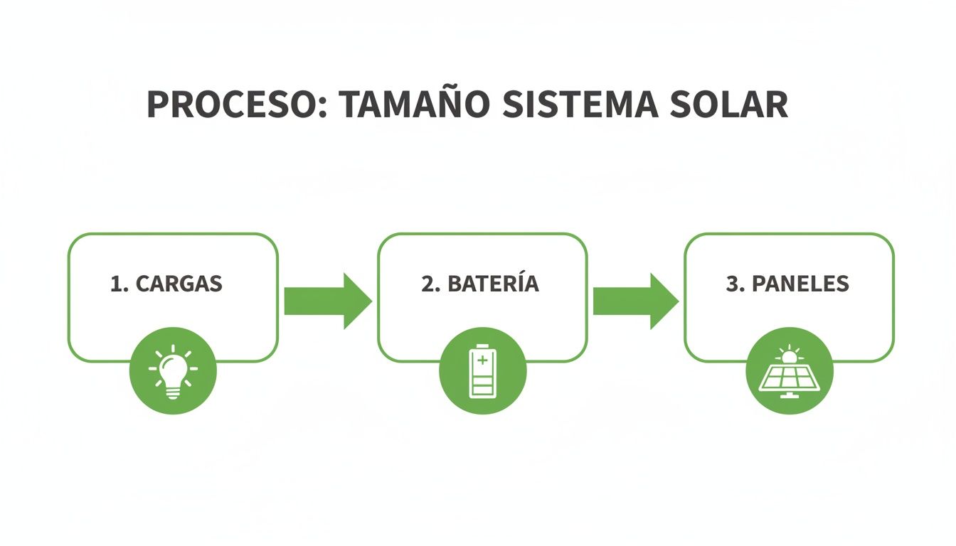 Diagrama de flujo que ilustra el proceso para dimensionar un sistema solar, incluyendo cargas, batería y paneles.