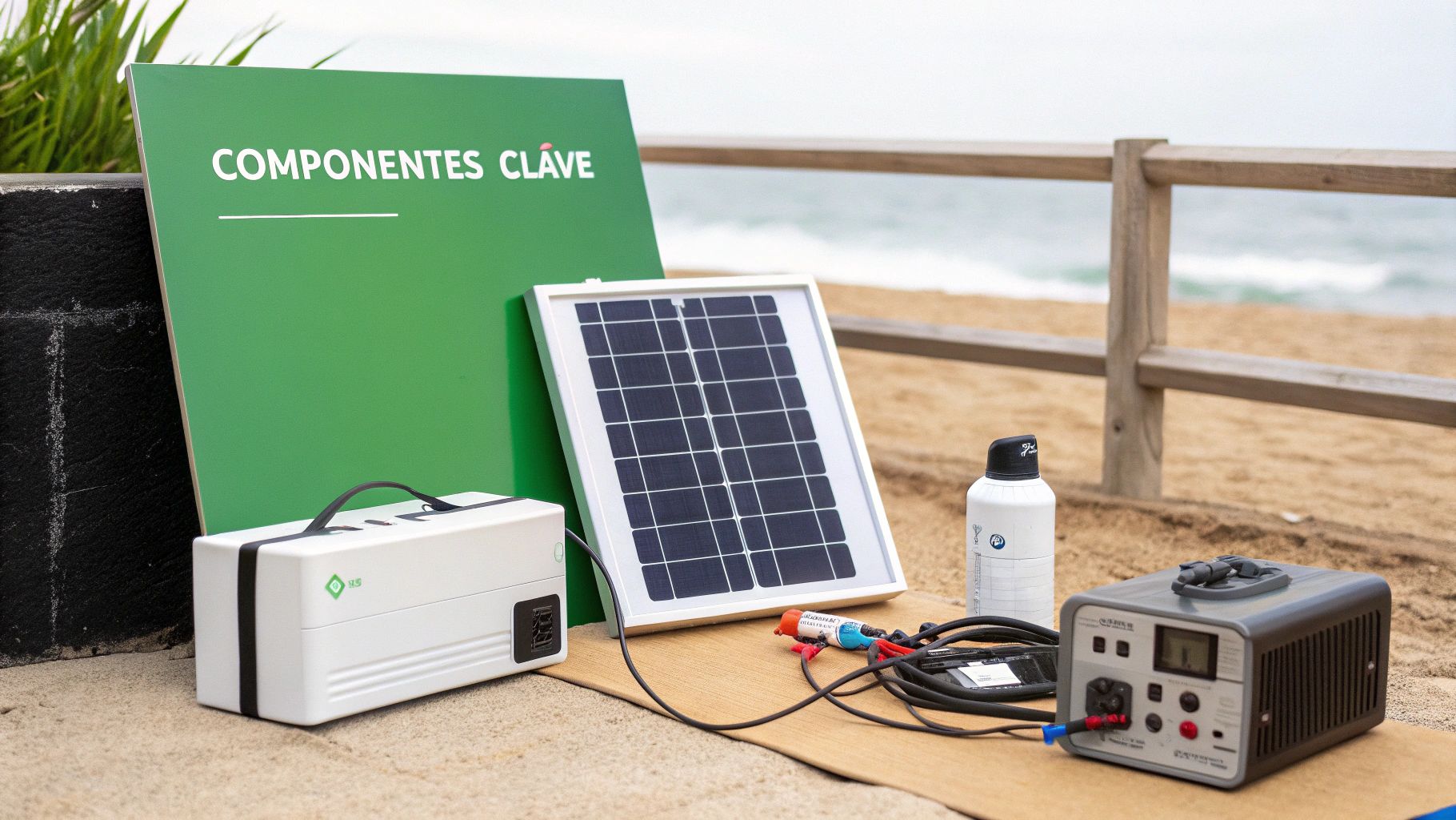 Sistema fotovoltaico portátil con panel solar, batería, cables y un cartel en una playa.