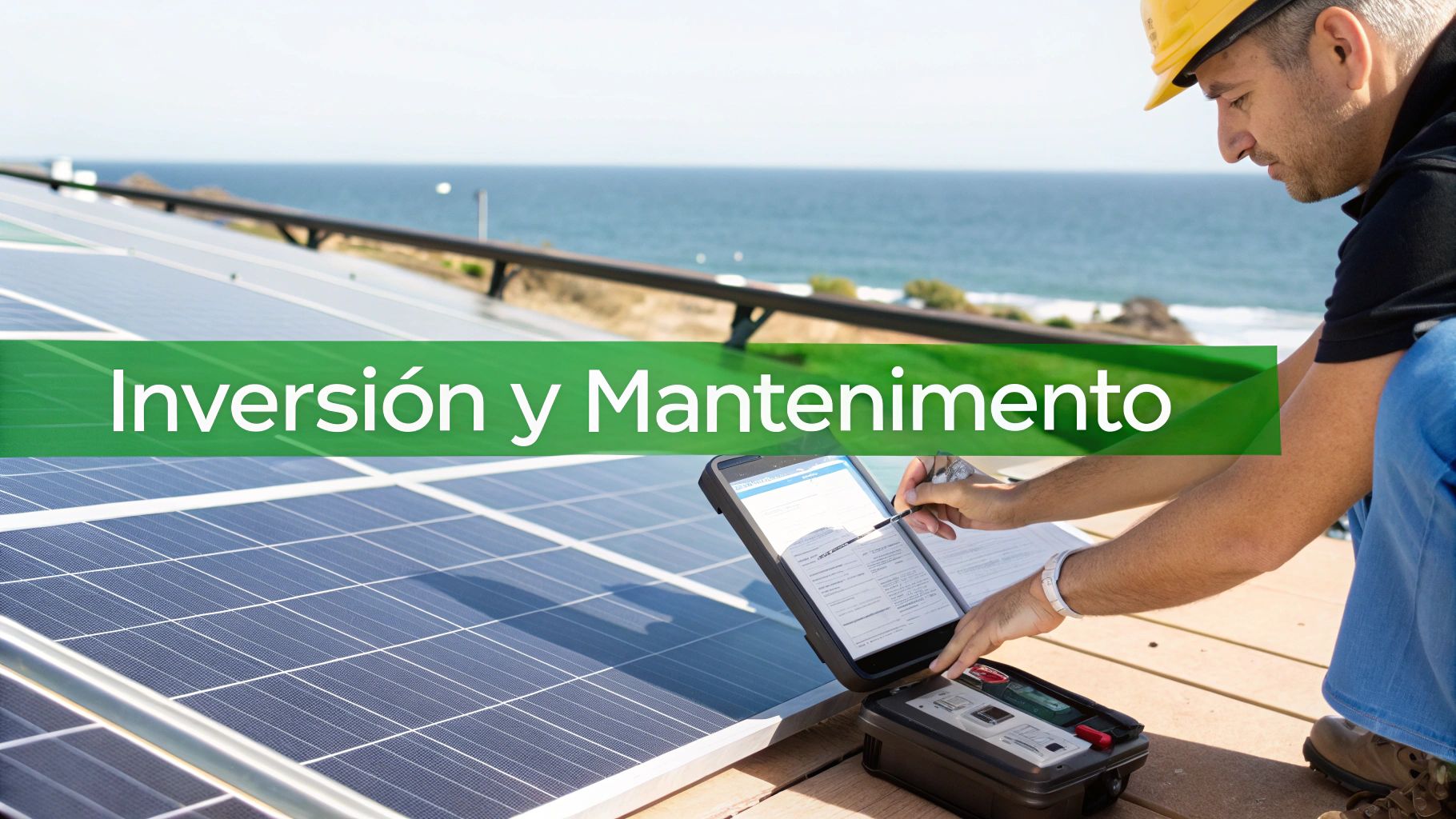 Técnico con casco amarillo revisa paneles solares en una azotea junto al mar, utilizando una tablet. El texto dice 'Inversión y Mantenimiento'.