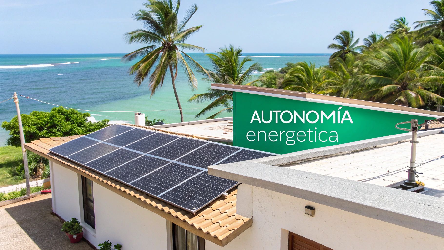 Paneles solares en el tejado de una casa con vistas al mar, palmeras y un cartel de autonomía energética.