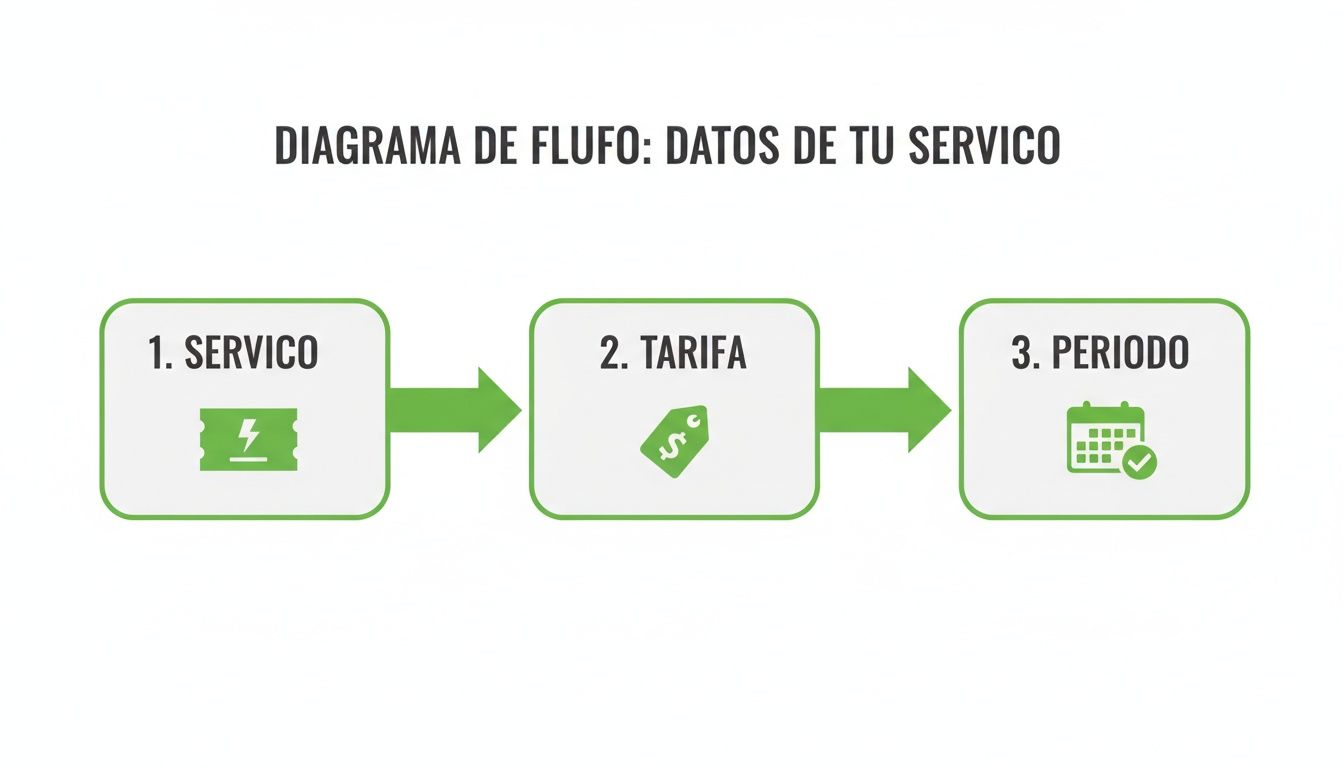 Diagrama de flujo que muestra los pasos para entender los datos de tu servicio: servicio, tarifa y periodo.