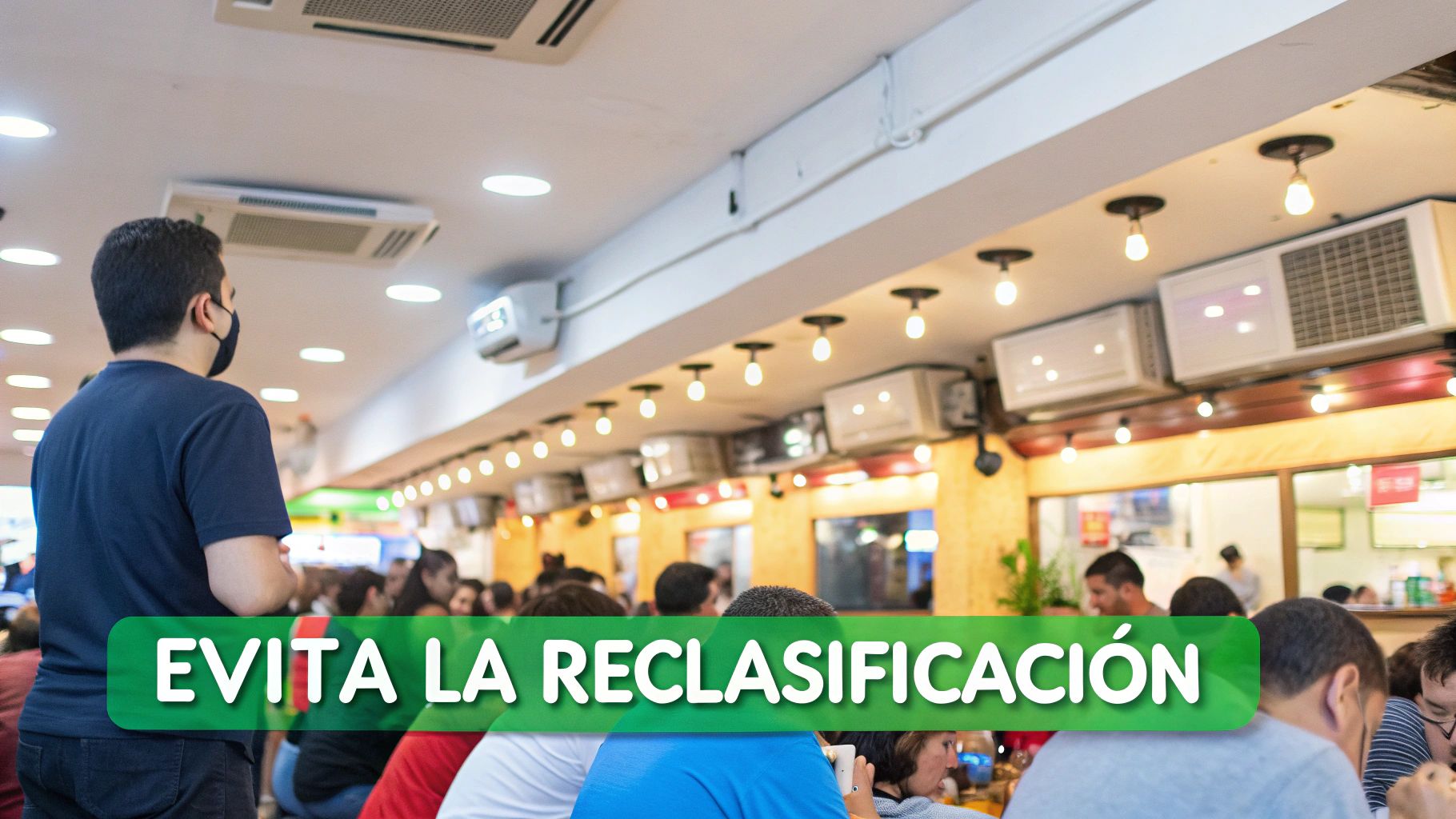Imagen de un restaurante concurrido, personas y un gran cartel verde que dice 'EVITA LA RECLASIFICACIÓN'.