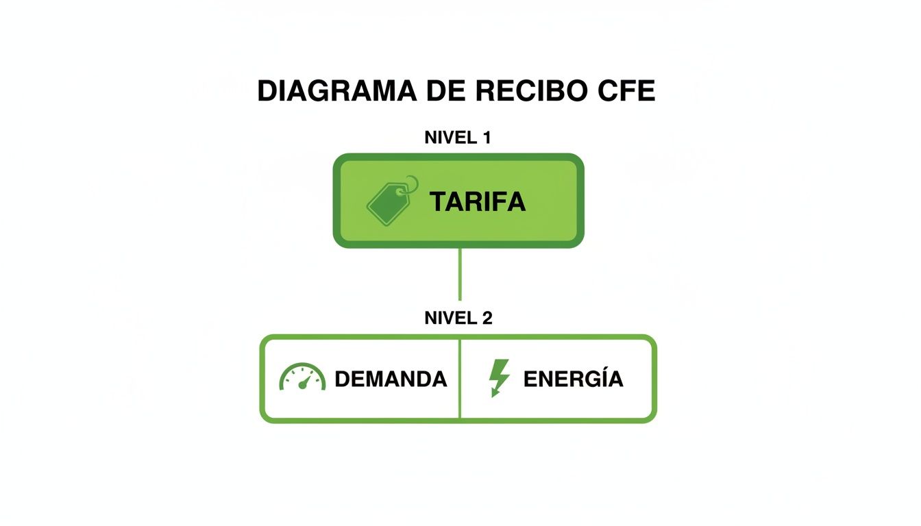 Diagrama de recibo CFE mostrando la tarifa dividida en nivel 1 (tarifa) y nivel 2 (demanda y energía).