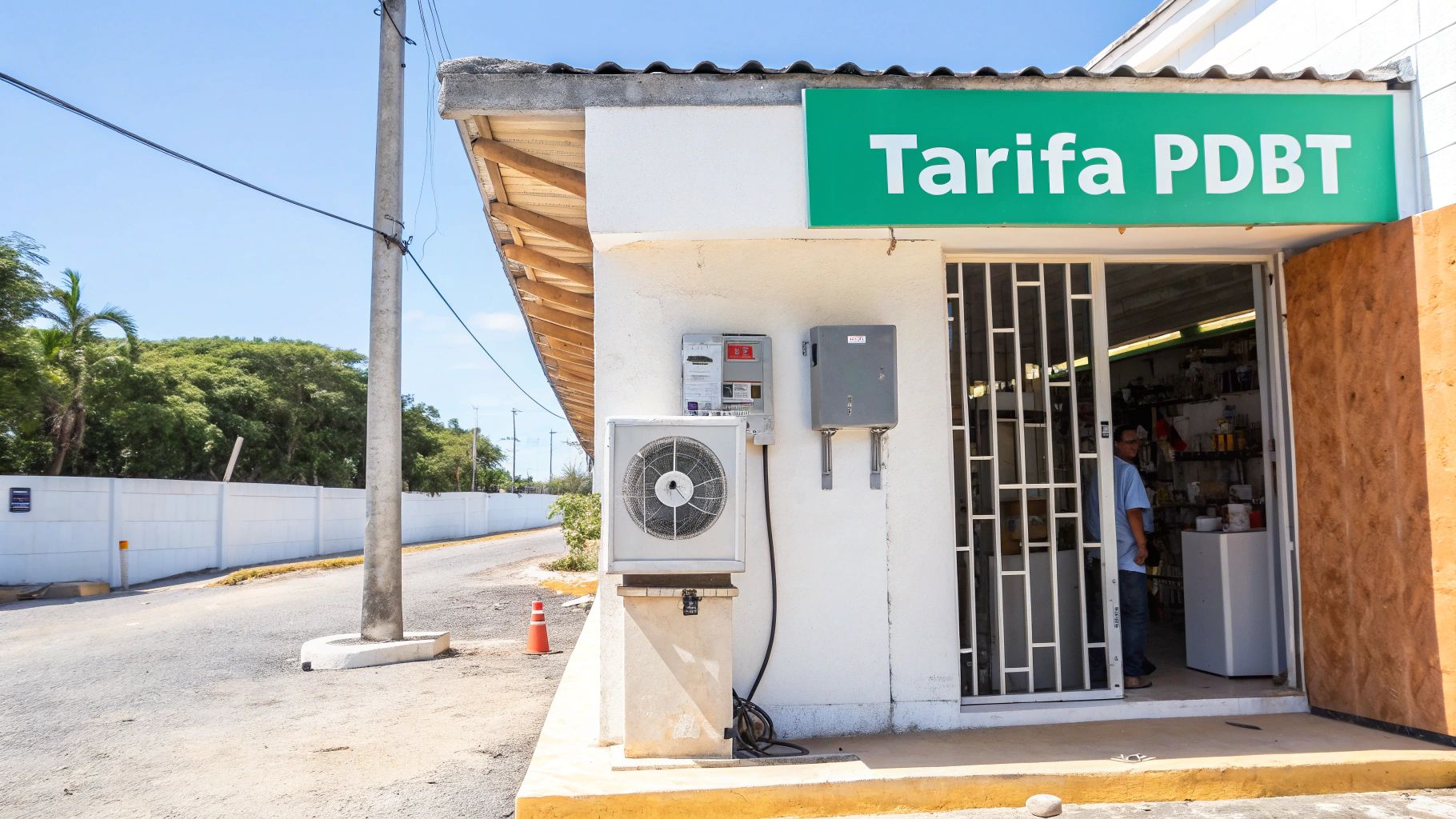 Un edificio blanco con un letrero verde 'Tarifa PDBT' y un acondicionador de aire exterior en un día soleado.