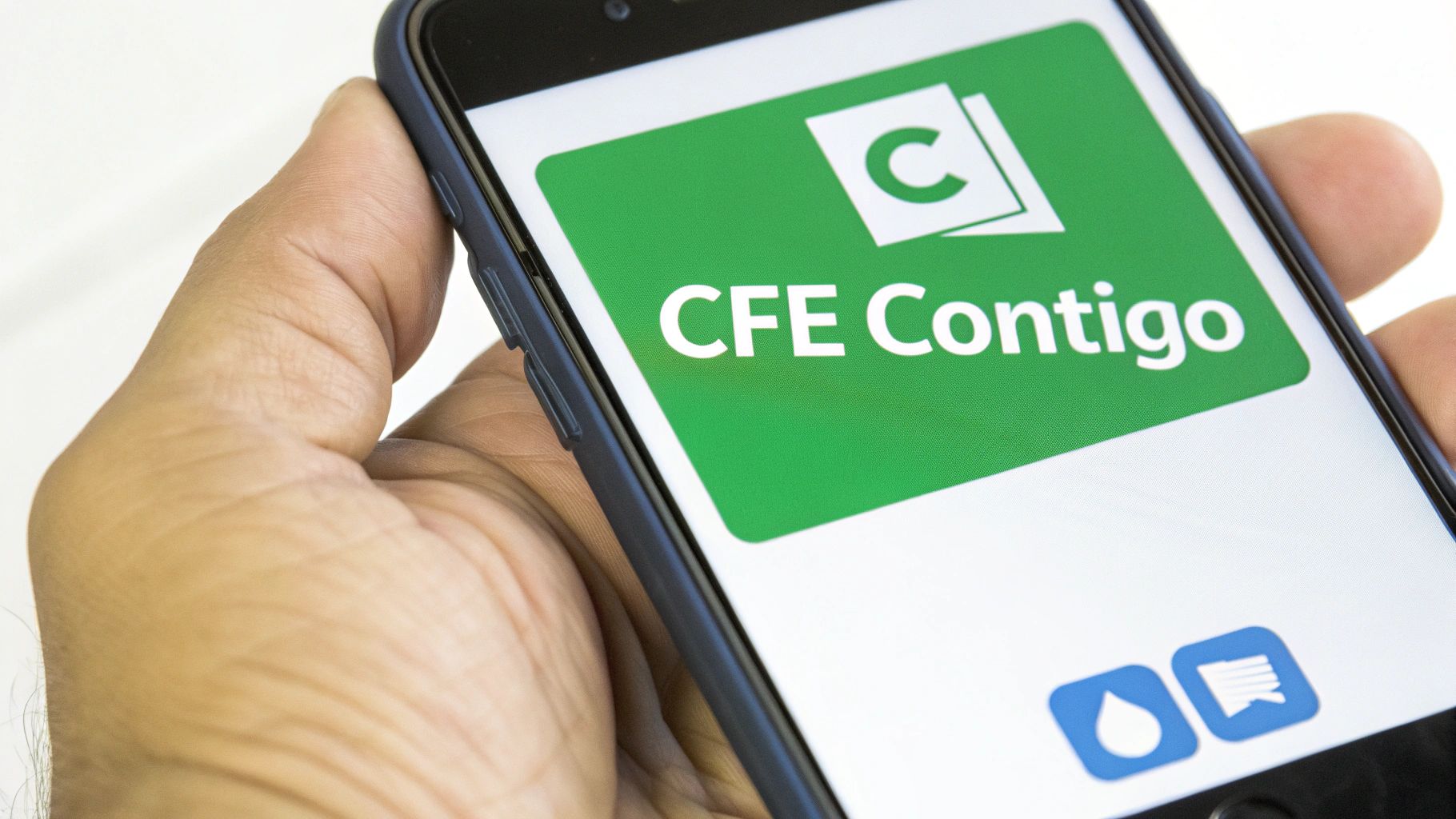 Mano sosteniendo un smartphone mostrando la aplicación CFE Contigo con su logo verde y blanco, y dos iconos azules.