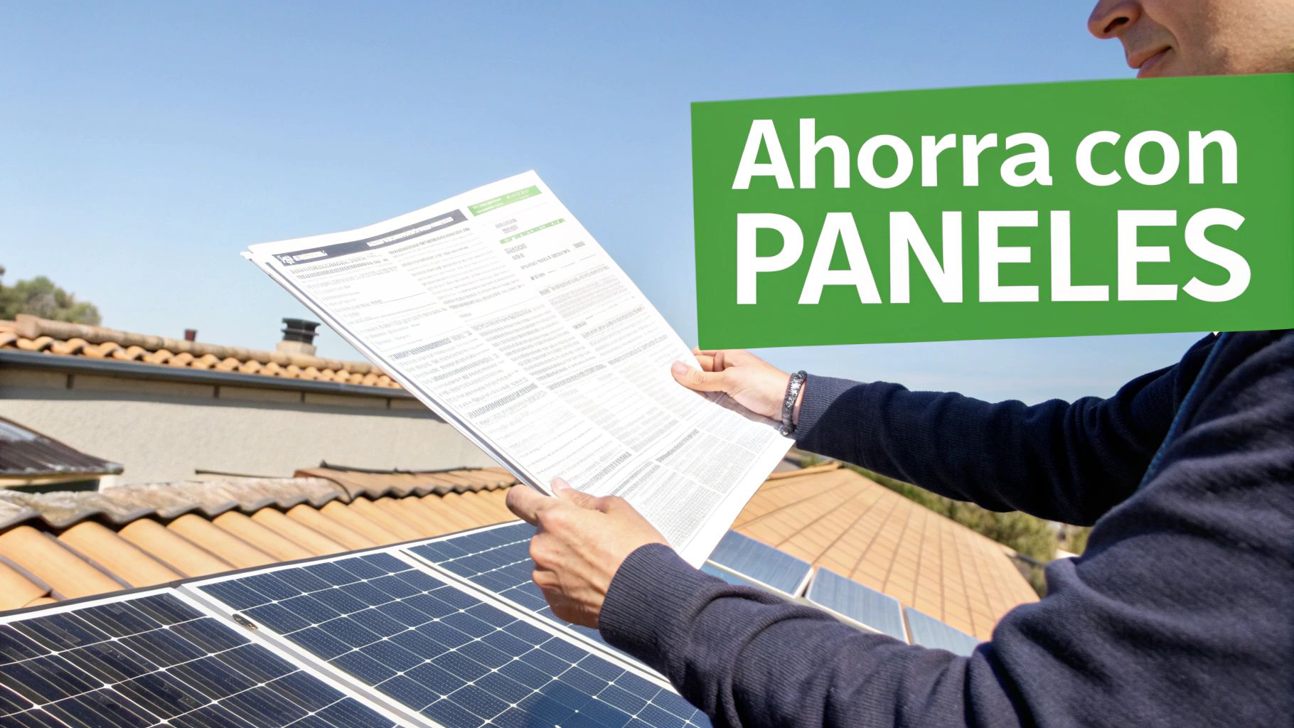 Hombre leyendo documento sobre ahorro energético con paneles solares en un tejado bajo cielo azul.