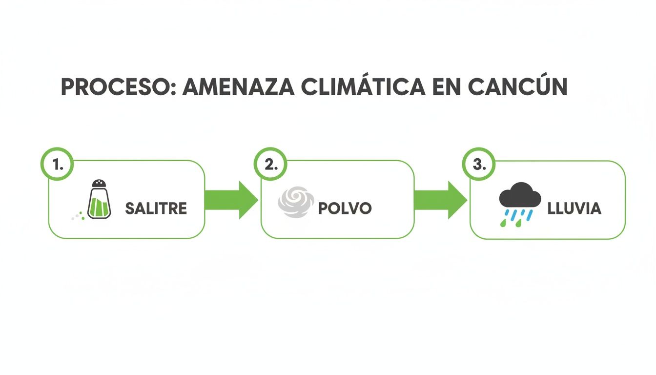 Diagrama que ilustra el proceso de las amenazas climáticas en Cancún: salitre, polvo y lluvia.