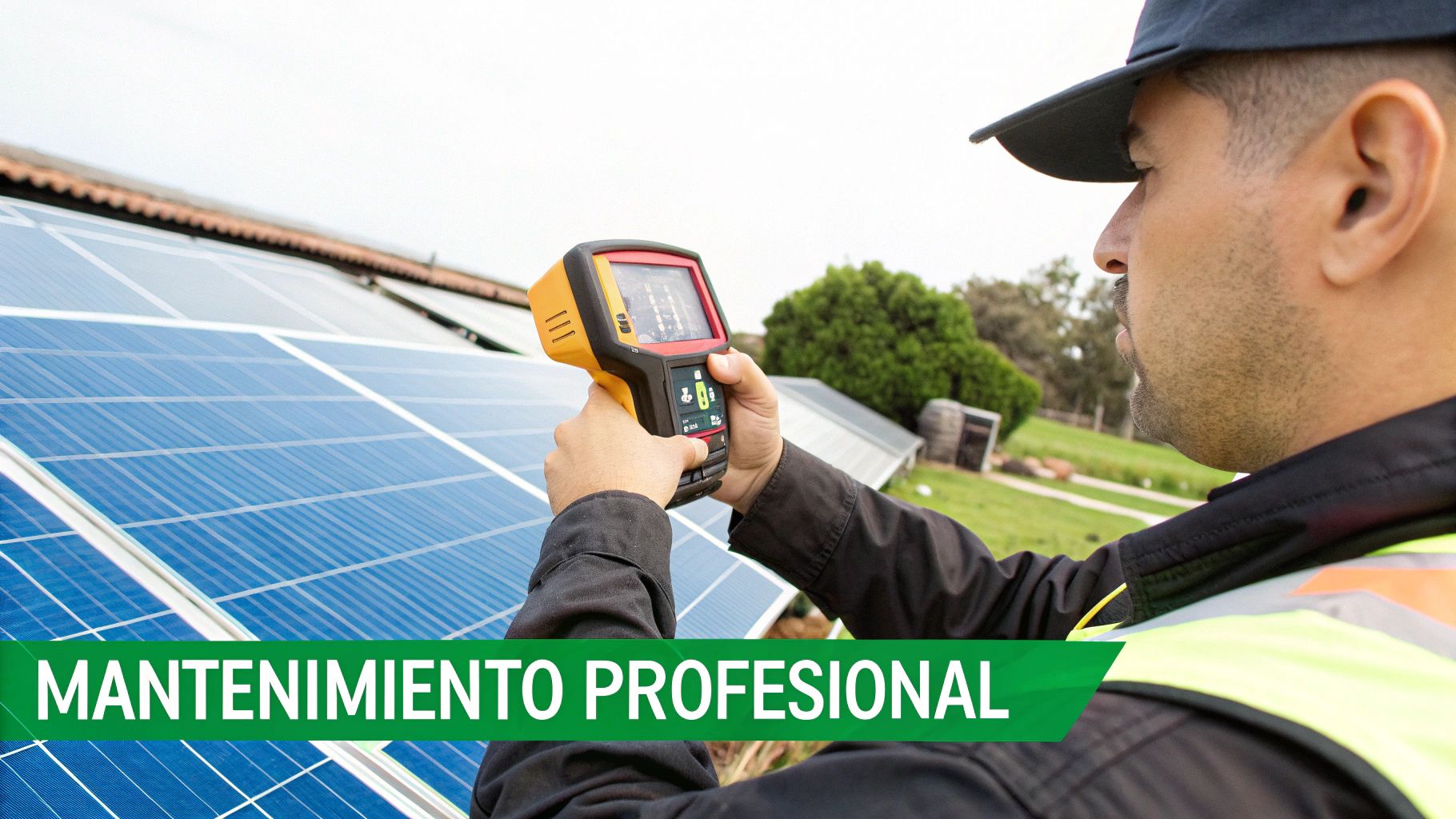 Técnico inspecciona paneles solares con cámara térmica para mantenimiento profesional.