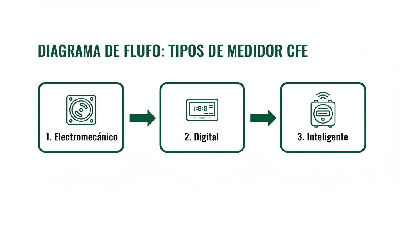 Diagrama de flujo que muestra la evolución de los medidores CFE: electromecánico, digital e inteligente.