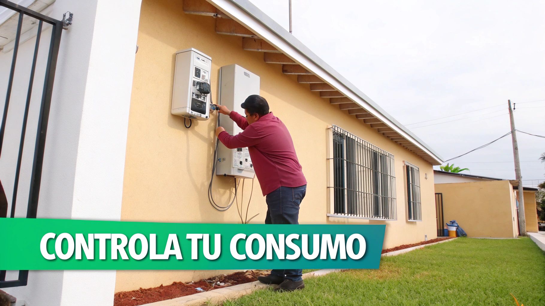 Hombre ajustando un medidor de luz en la pared de una casa para controlar el consumo de energía.