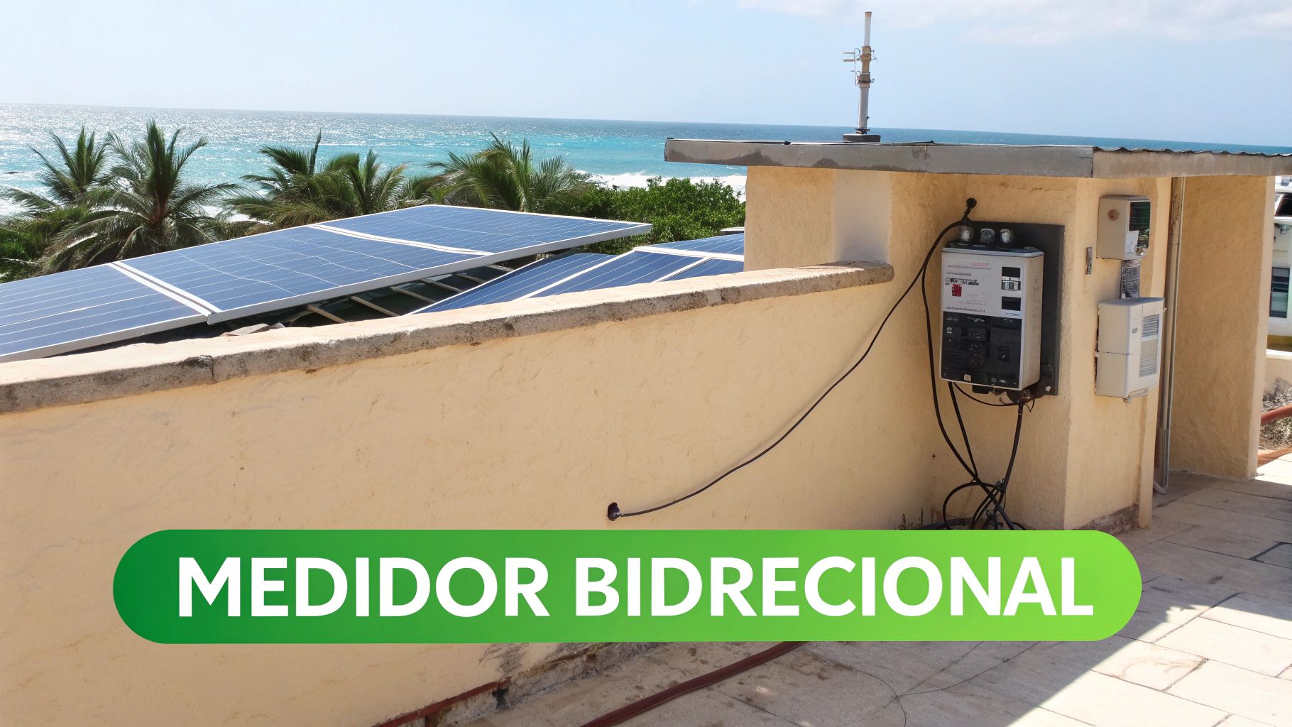 Paneles solares en un tejado con vista al océano y equipo eléctrico, incluyendo un medidor bidireccional.