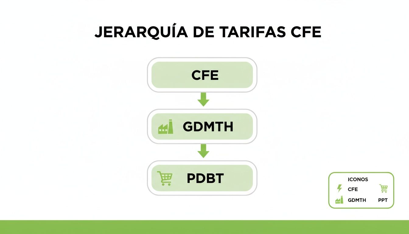 Diagrama de jerarquía de tarifas CFE mostrando CFE, GDMTH y PDBT con sus respectivos íconos.