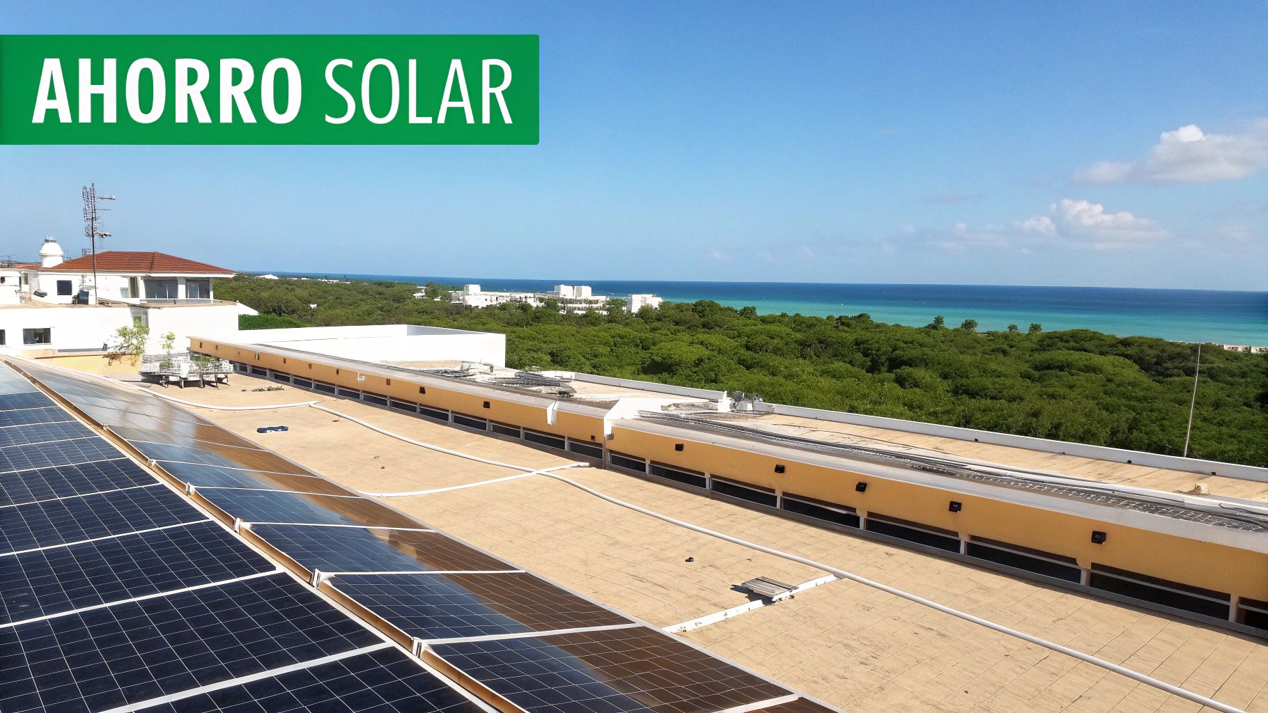Paneles solares en una azotea con vista al mar, vegetación exuberante y el texto "AHORRO SOLAR".