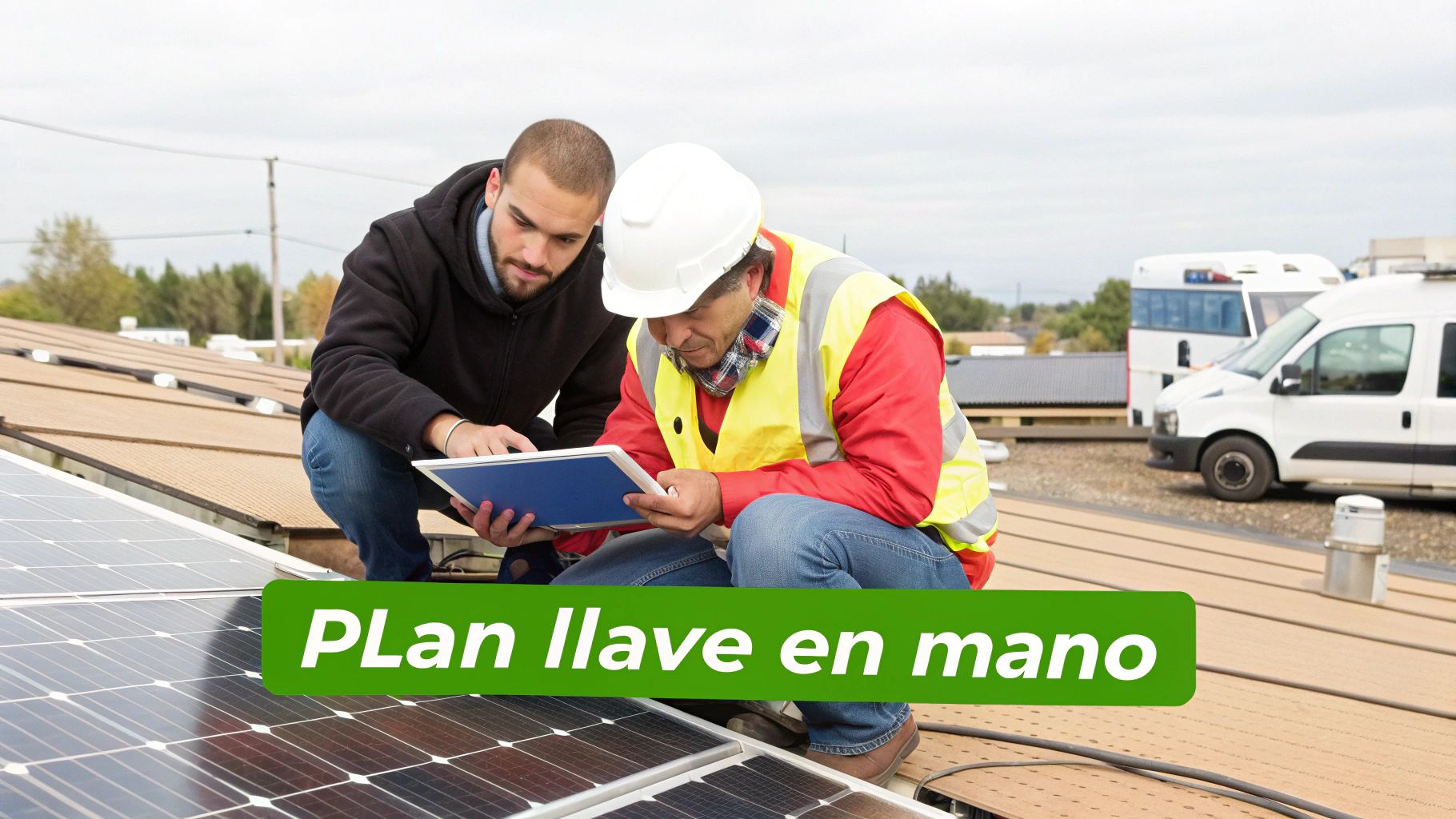 Dos hombres, uno con casco y chaleco, examinan una tablet junto a paneles solares en un tejado, discutiendo un plan de energía solar.