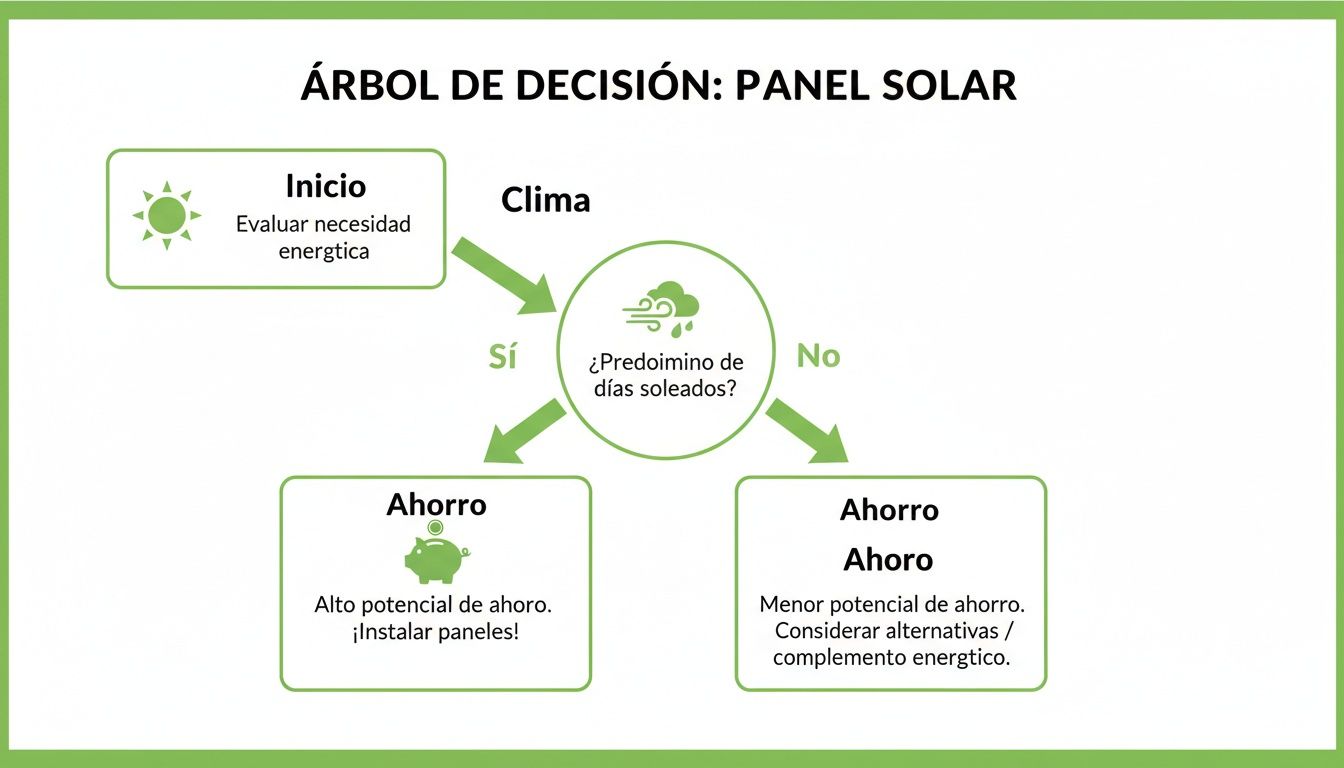 Diagrama de árbol de decisión para paneles solares que evalúa la necesidad energética y el clima.