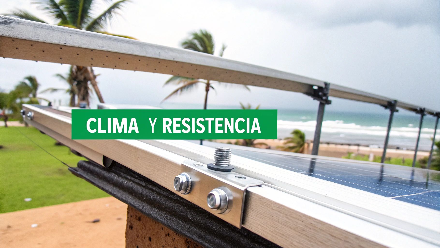 Paneles solares instalados en una estructura de techo con vista al mar y palmeras, destacando su resistencia al clima.