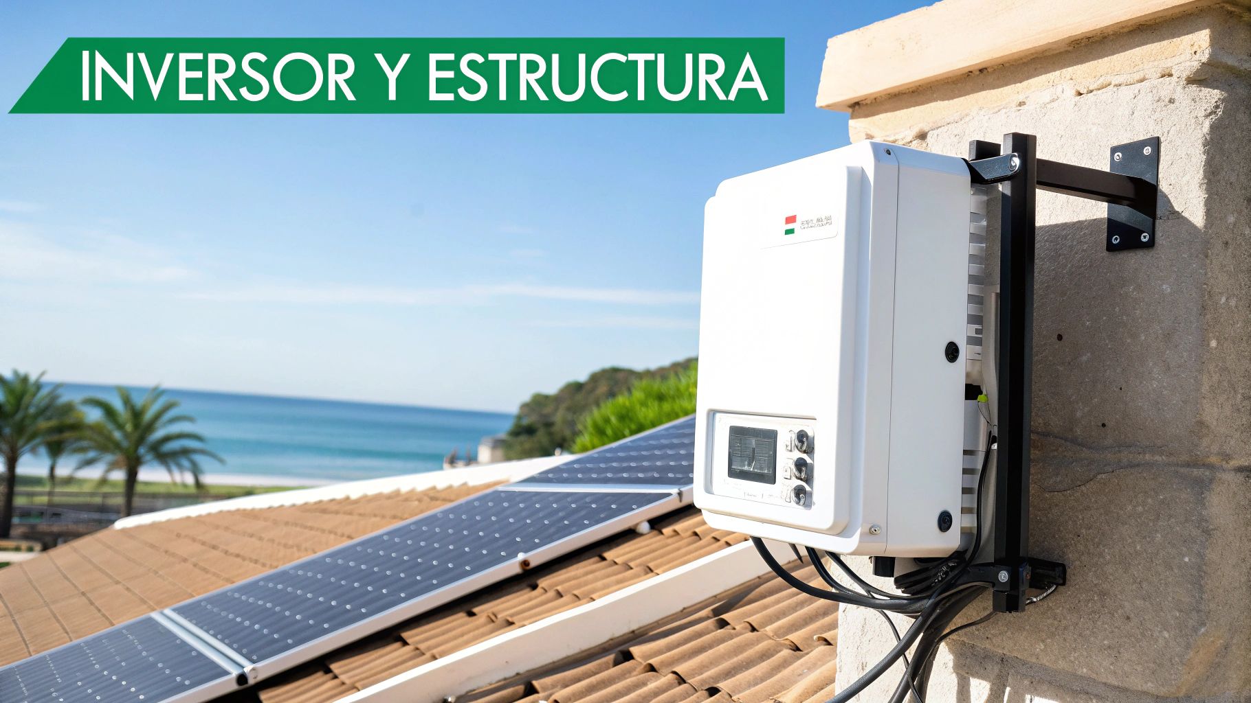 Inversor solar montado en pared y paneles fotovoltaicos en tejado con vistas al mar.