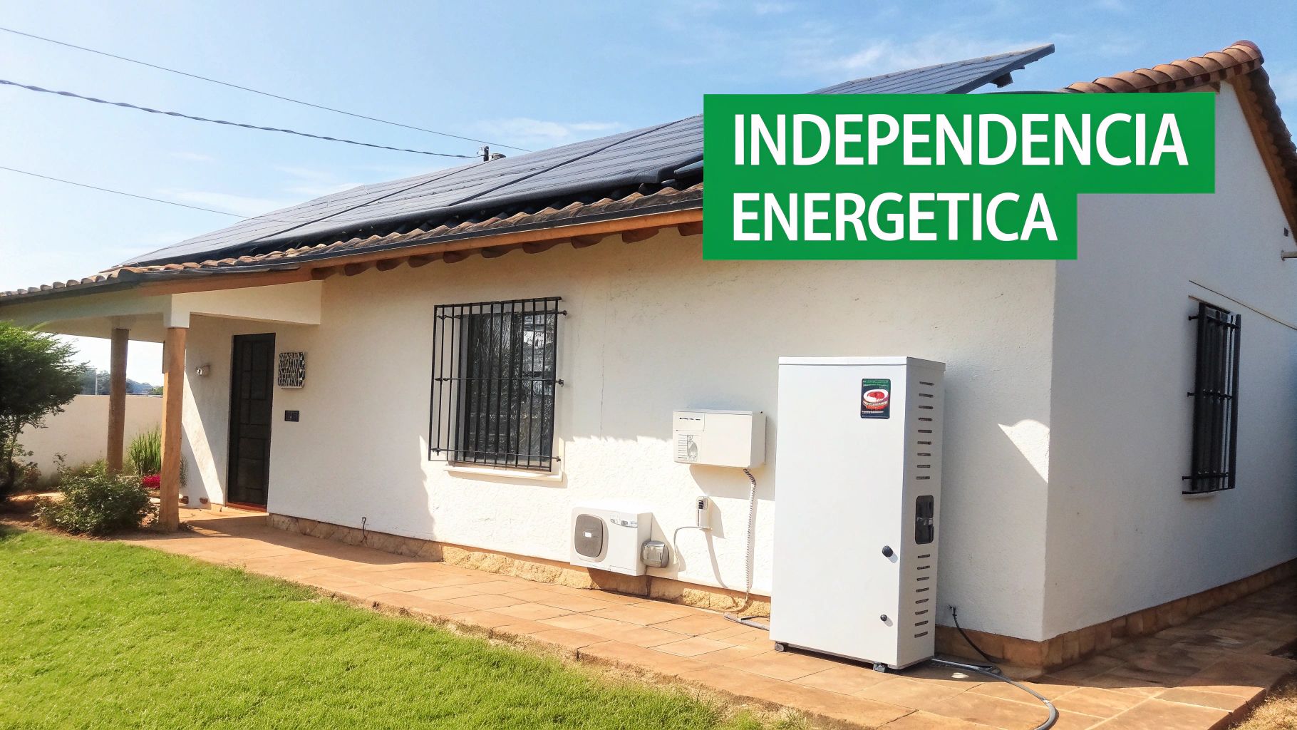 Casa con paneles solares en el tejado, sistema de almacenamiento de energía y aire acondicionado, promoviendo independencia energética.